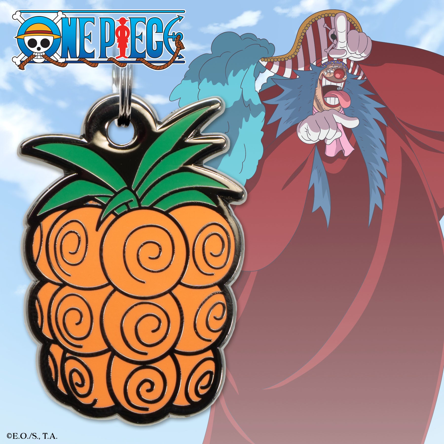 Chop-Chop Fruit pet tag inspired by One Piece shown in front of Buggy the Clown, with the One Piece logo in the sky above.