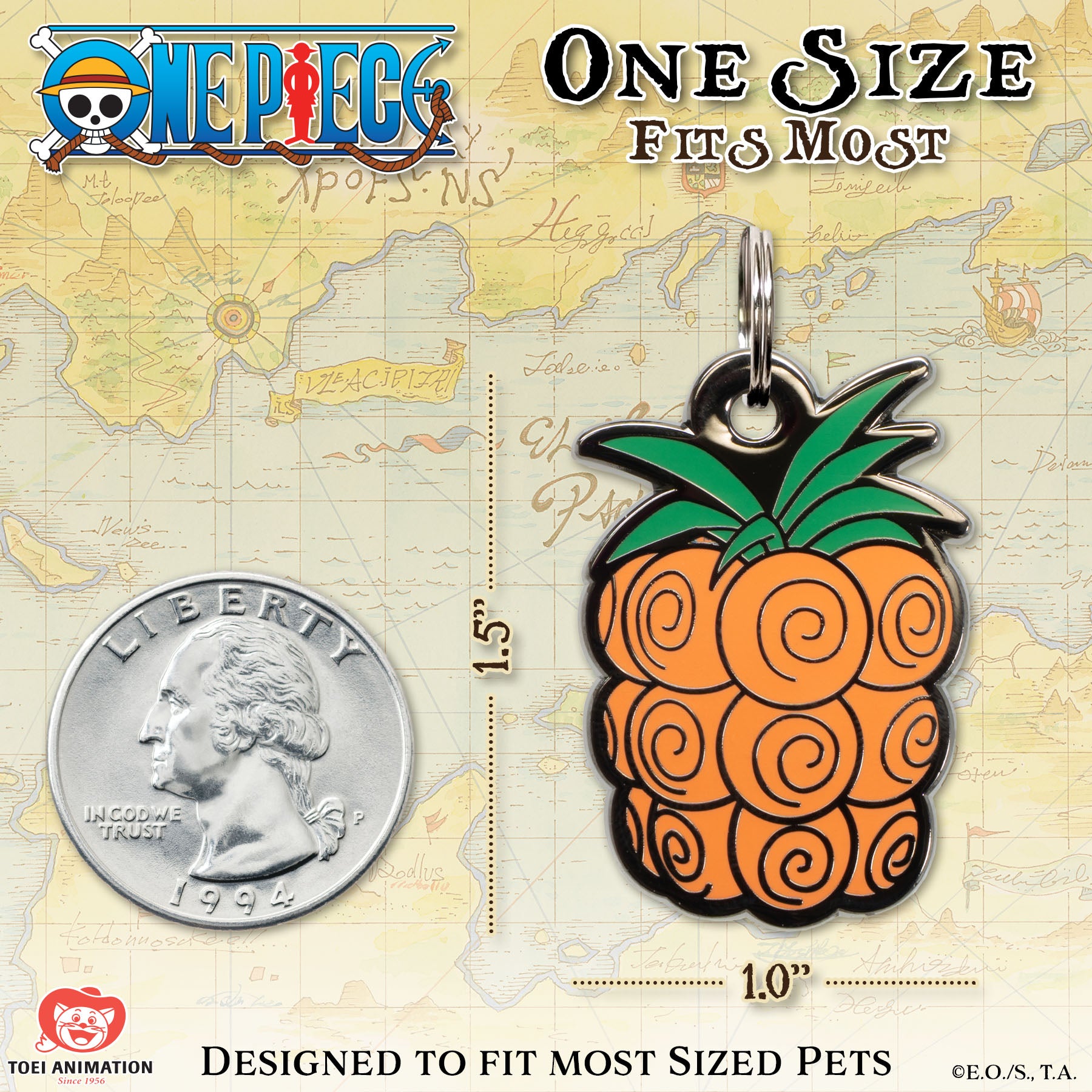 Chop-Chop Fruit pet tag from One Piece shown next to a U.S. quarter for size comparison. The tag measures 1.5 inches tall by 1.0 inch wide and is designed to fit most pets.