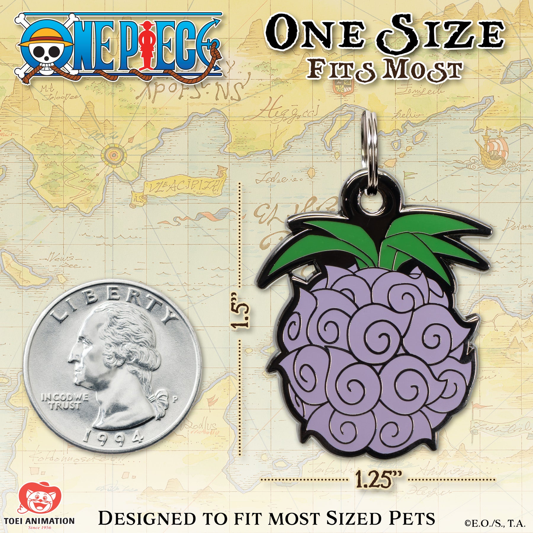 Dark-Dark Fruit pet tag from One Piece, measuring 1.5 inches tall by 1.25 inches wide, shown next to a U.S. quarter for scale. Background features a treasure map design with “One Size Fits Most” and Toei Animation branding.