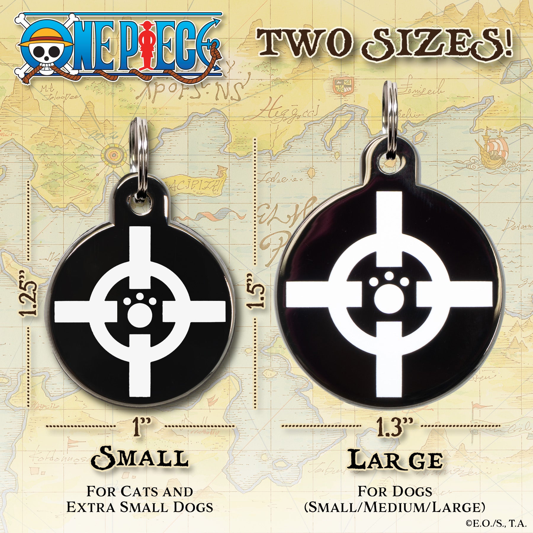 Two sizes of One Piece pet tags featuring Bartholomew Kuma’s Jolly Roger with a white crosshair design—1 inch for cats and extra small dogs, and 1.3 inches for small to large dogs—displayed on a vintage nautical map background with size labels.