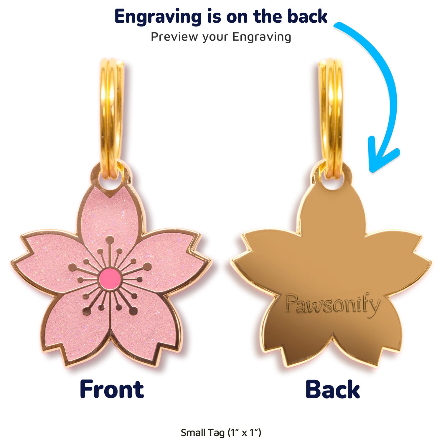 Engraving preview of the small Cherry Blossom Pet Tag, showcasing the front design and the customizable text preview on the back. #size_Small (Cat/XS)