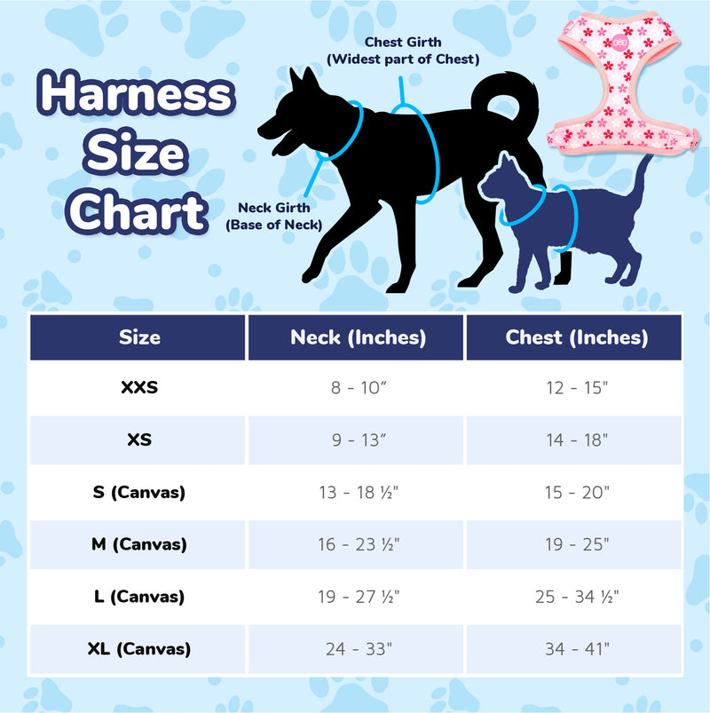 Pawsonify Cherry Blossom (Sakura) Harness Size Chart for Cats and Dogs