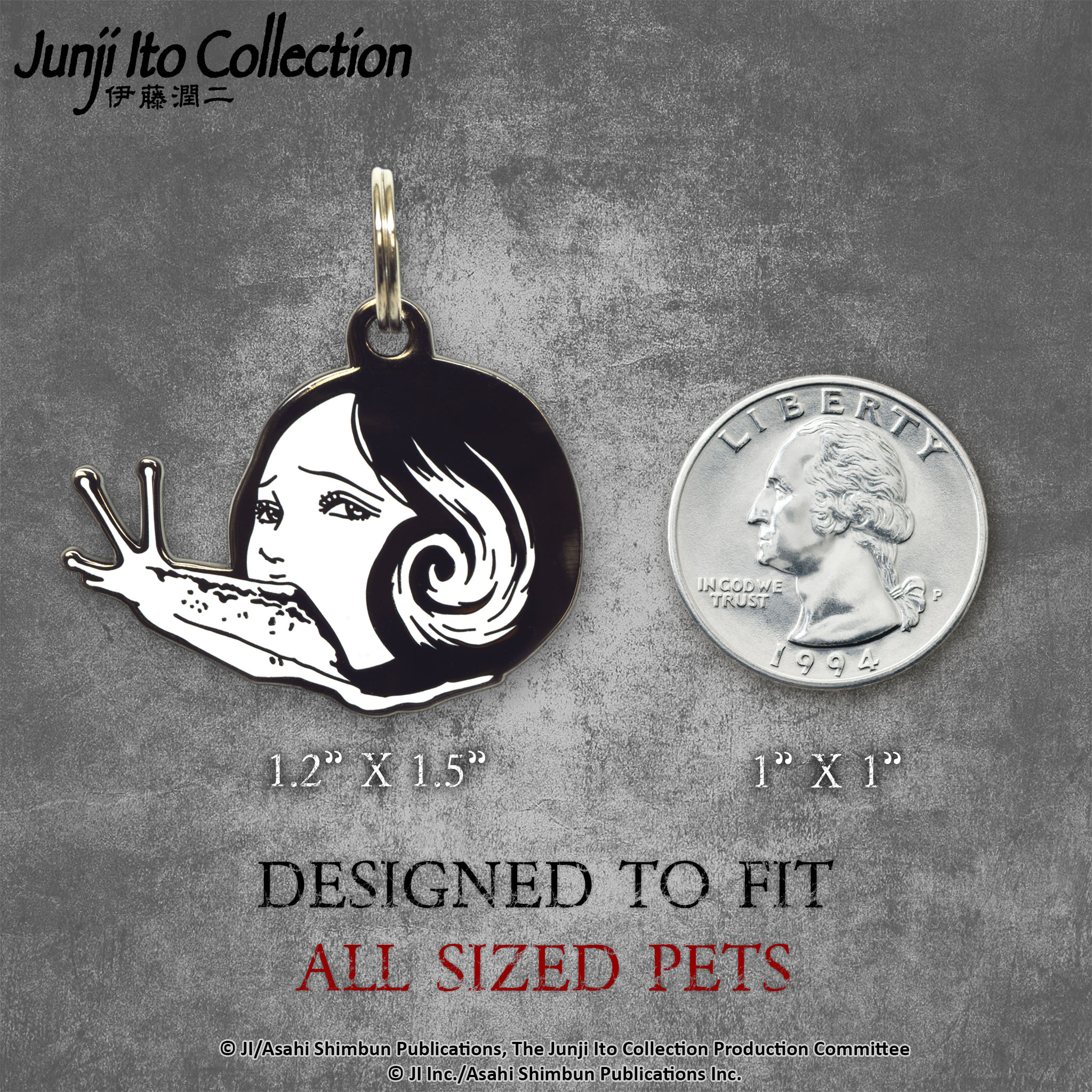 Size comparison of the Slug Girl Pet Tag, displayed alongside a quarter to illustrate scale. #Pet Tag_Slug Girl Pet Tag