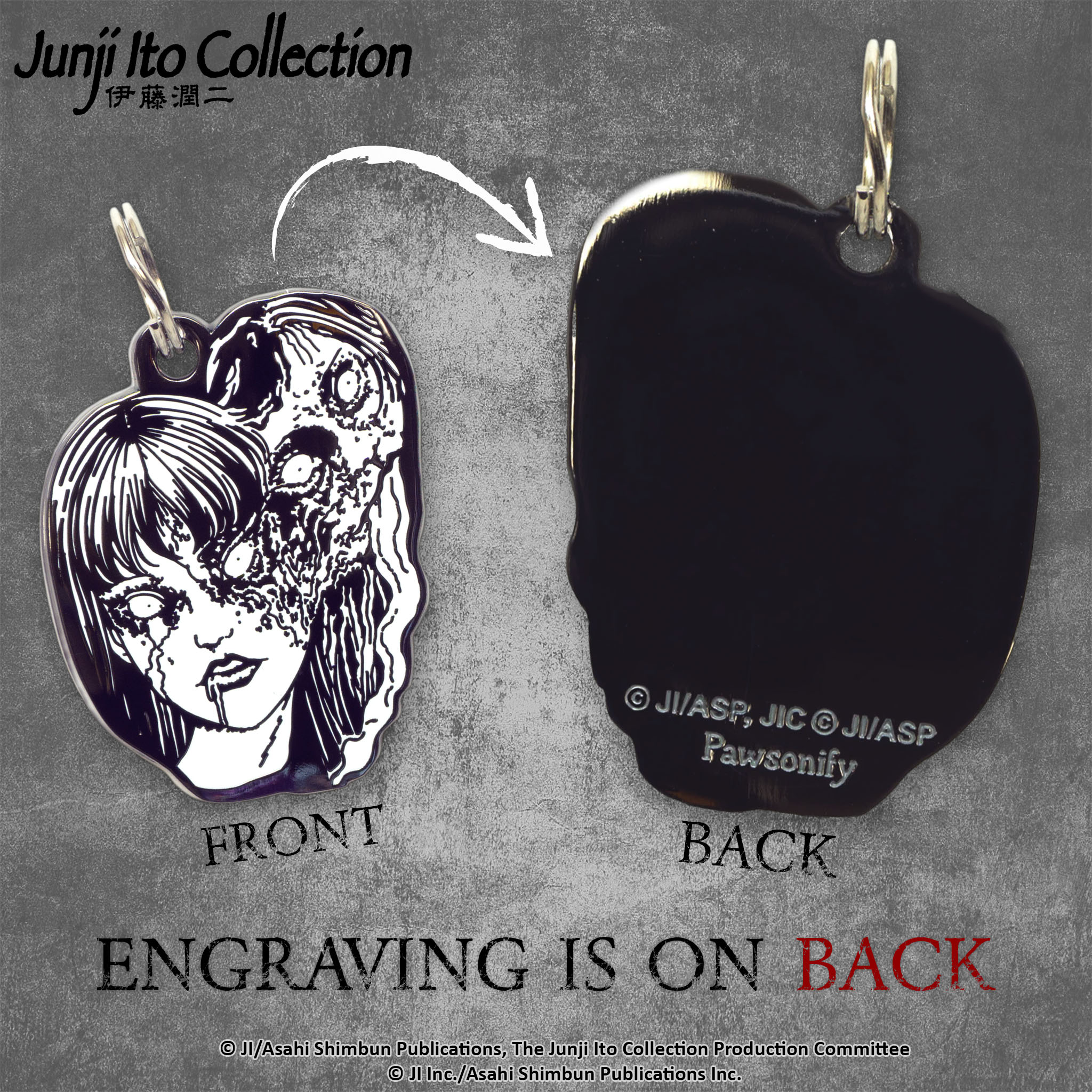 Engraving preview of the Tomie Pet Tag from by Junji Ito, showcasing the front design and the customizable text preview on the back. #Pet Tag_Tomie Pet Tag