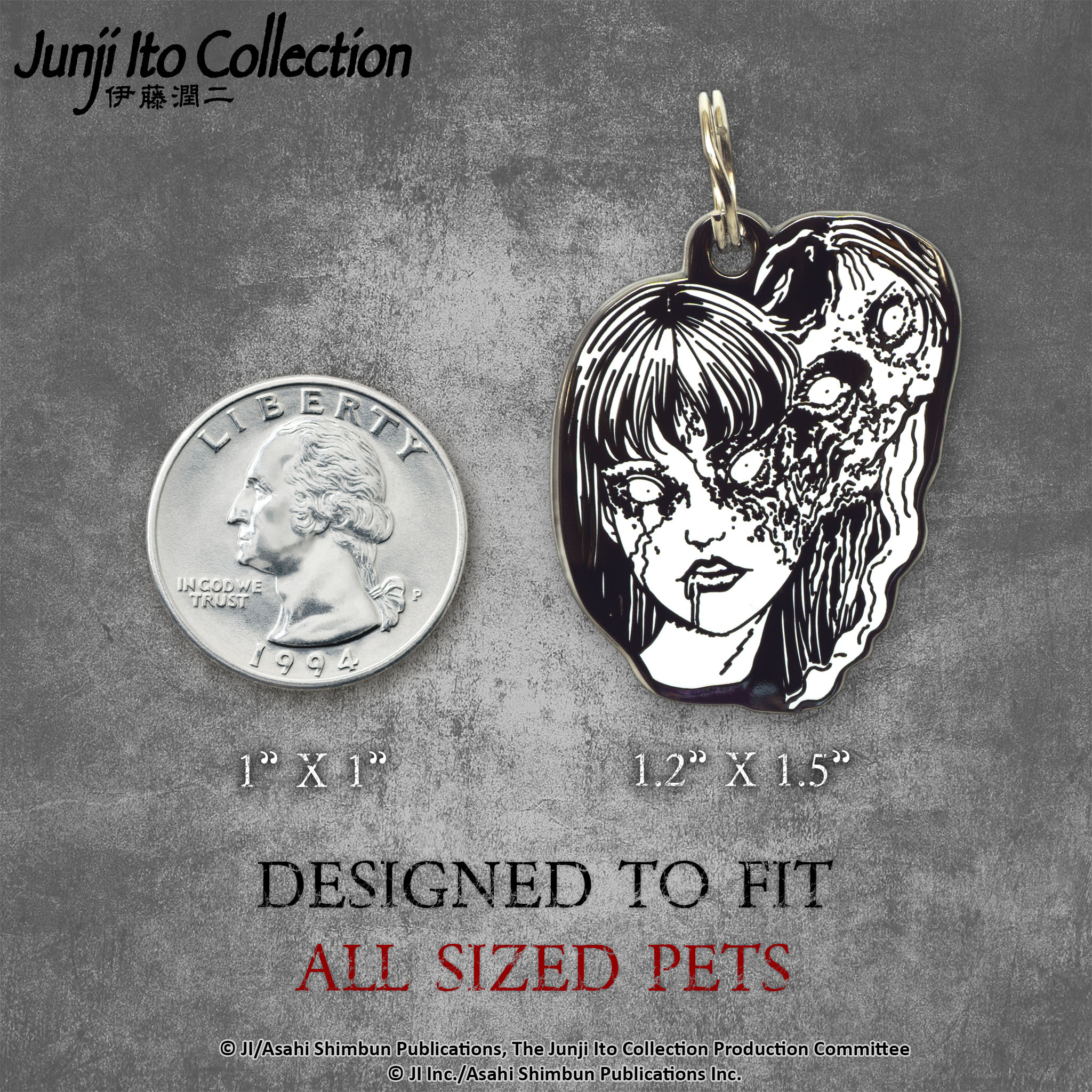 Size comparison of the Tomie Pet Tag, displayed alongside a quarter to illustrate scale. #Pet Tag_Tomie Pet Tag