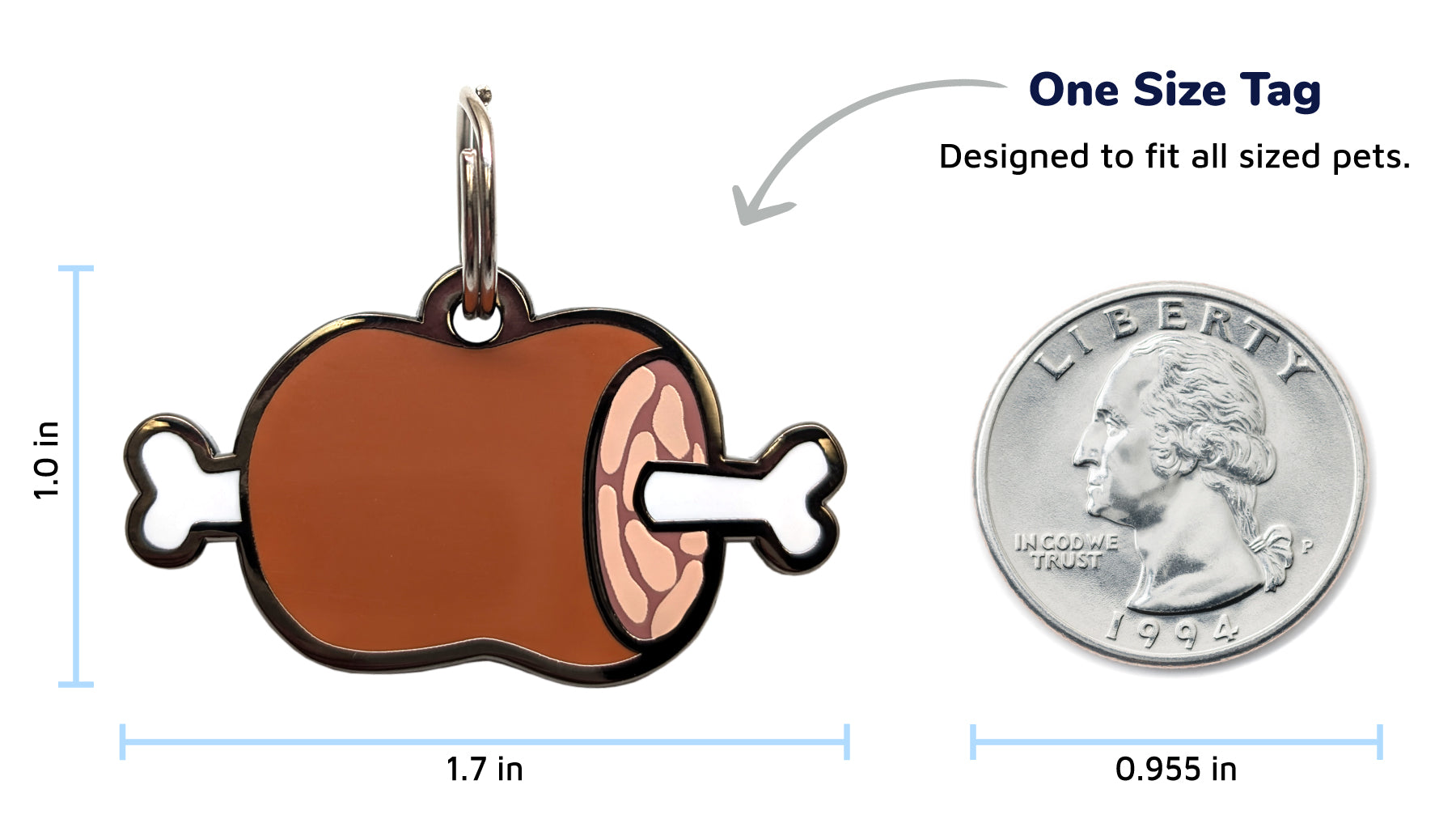 Size comparison of the Meat Stick Pet Tag, displayed alongside a quarter to illustrate scale.
