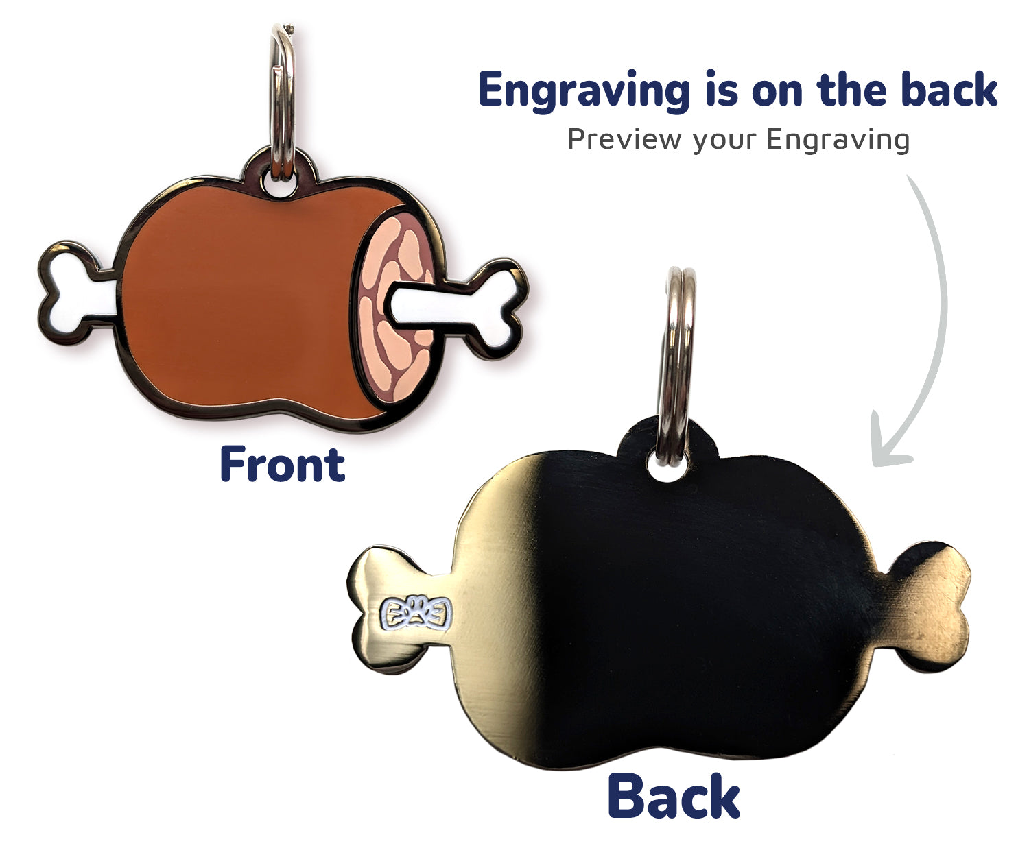 Engraving preview of the Meat Stick Pet Tag, showcasing the front design and the customizable text preview on the back.