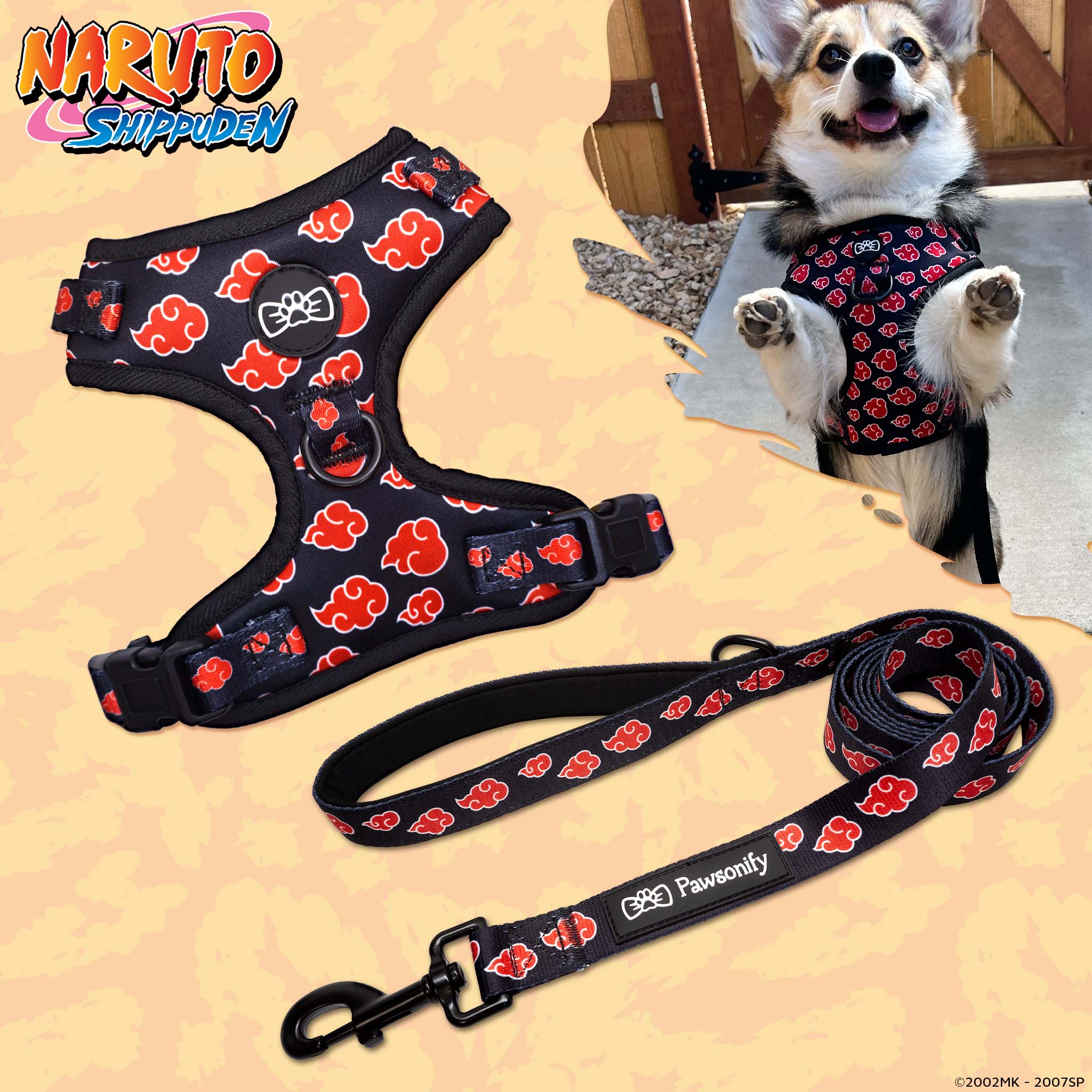 Akatsuki Dog Bundle featuring a red and black harness with signature cloud patterns, a matching leash, a coordinating poop bag holder, and a pet tag inspired by the infamous rogue shinobi organization. #size_None / None
