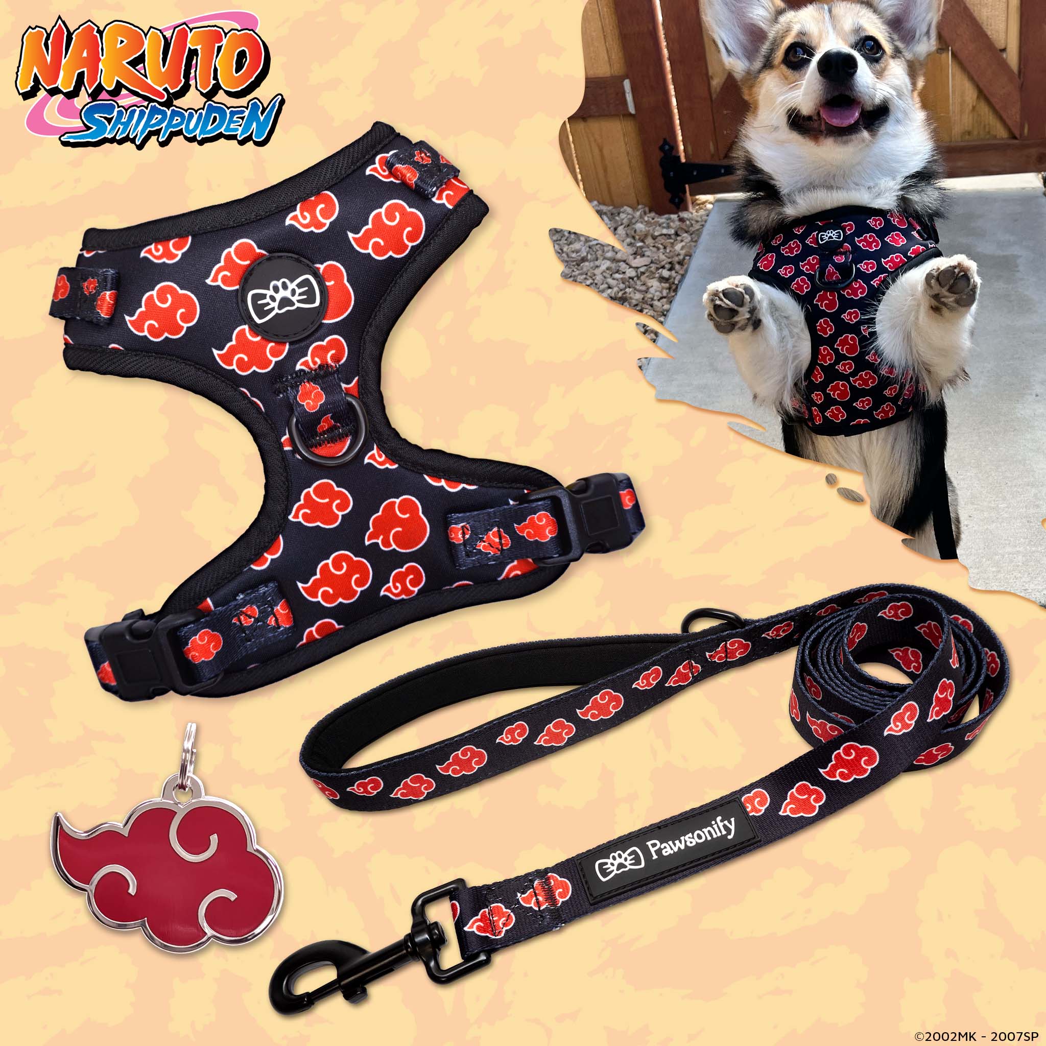 Akatsuki Dog Bundle featuring a red and black harness with signature cloud patterns, a matching leash, a coordinating poop bag holder, and a pet tag inspired by the infamous rogue shinobi organization. #size_None / Akatsuki Pet Tag