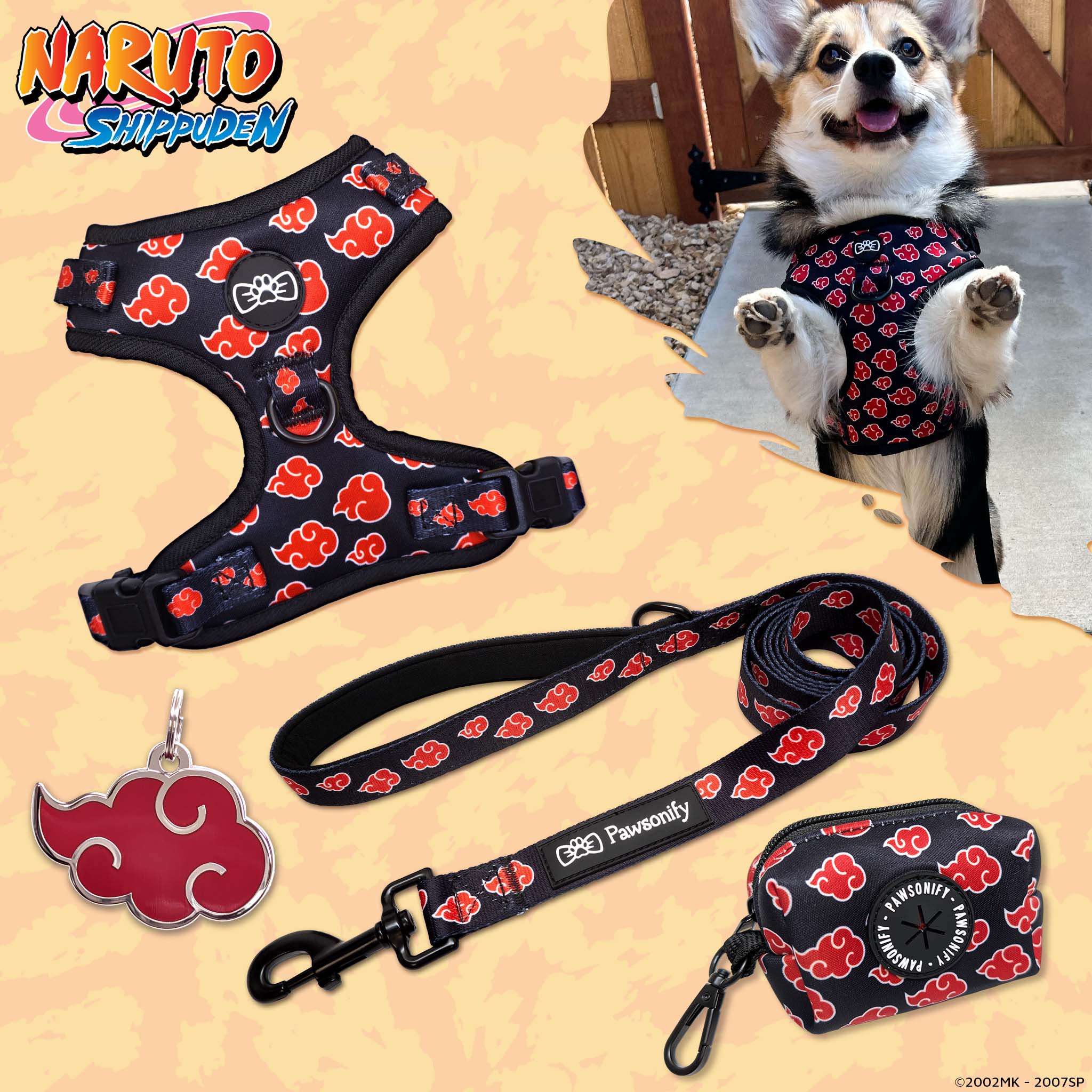 Akatsuki Dog Bundle featuring a red and black harness with signature cloud patterns, a matching leash, a coordinating poop bag holder, and a pet tag inspired by the infamous rogue shinobi organization. #size_Poop Bag Dispenser / Akatsuki Pet Tag