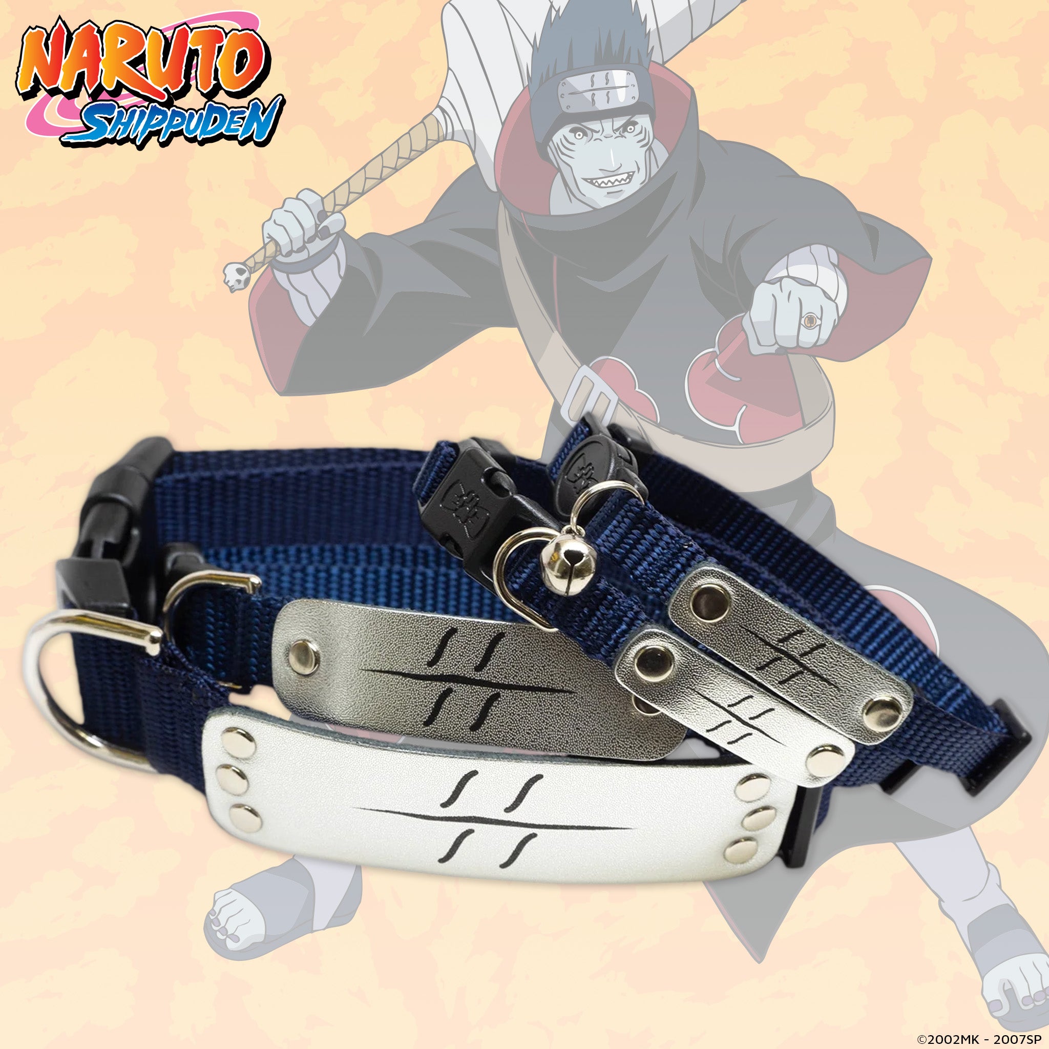 Anti-Mist Village Ninja Headband Collar inspired by Naruto Shippuden, featuring an adjustable navy strap and a leather plate engraved with the scratched-out Hidden Mist symbol. Suitable for cats and dogs, perfect for anime-loving pets with a rebellious flair.