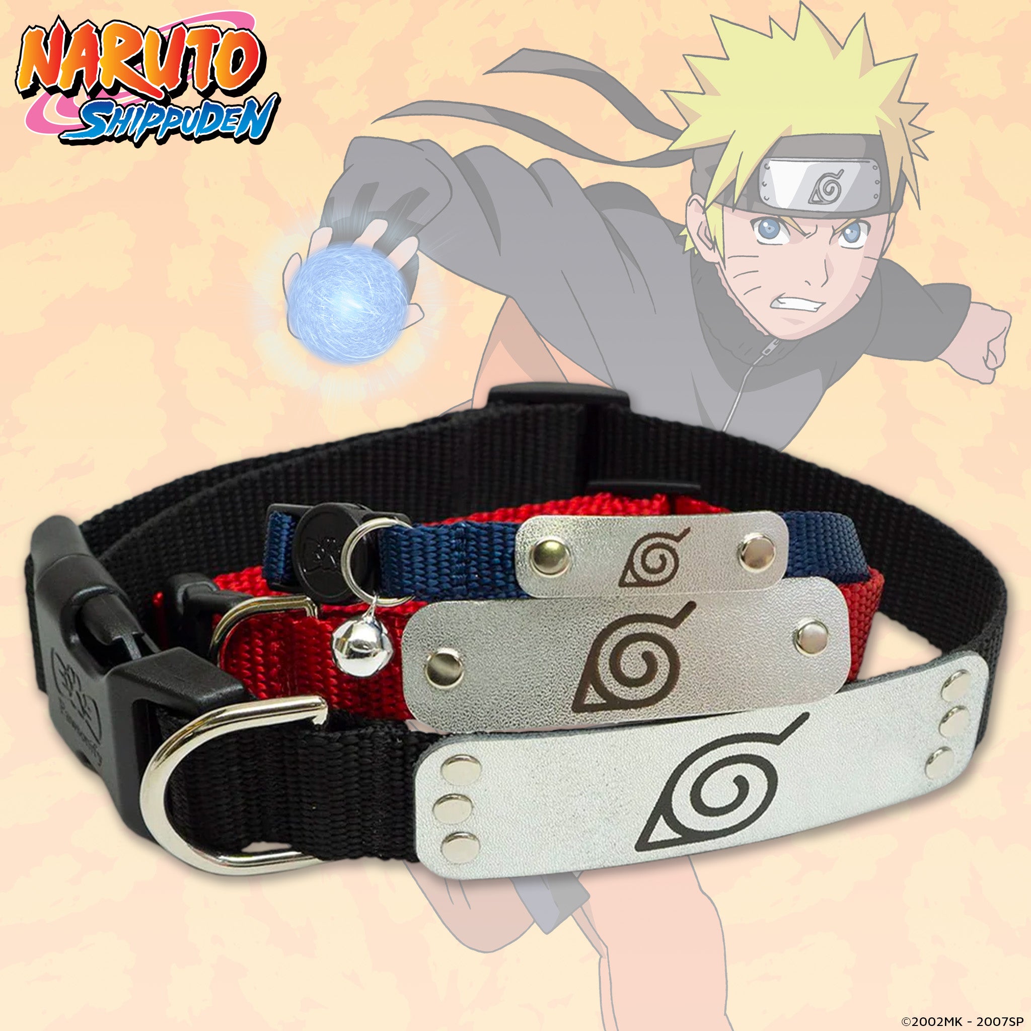 Hidden Leaf Village Ninja Headband Collar inspired by Naruto Shippuden, featuring an adjustable nylon strap and a leather plate engraved with the iconic Hidden Leaf symbol. Suitable for cats and dogs, perfect for anime-loving pets.