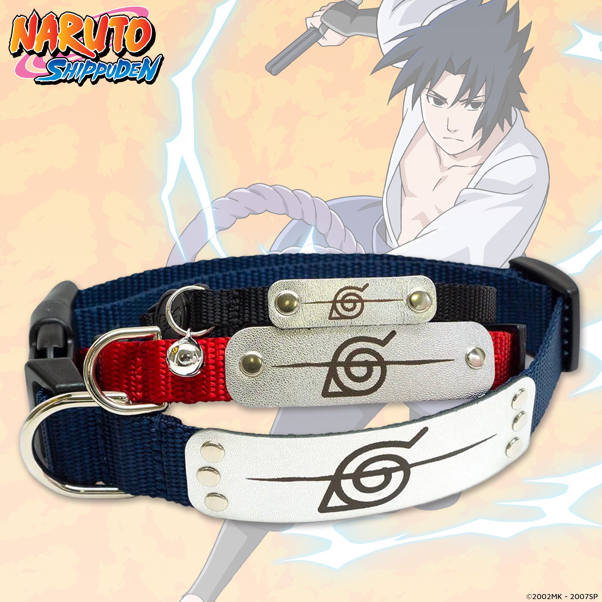 Anti-Leaf Village Ninja Headband Collar inspired by Naruto Shippuden, featuring an adjustable strap with a leather plate engraved with the scratched-out Hidden Leaf symbol. Suitable for cats and dogs, perfect for pets with a rebellious anime style.