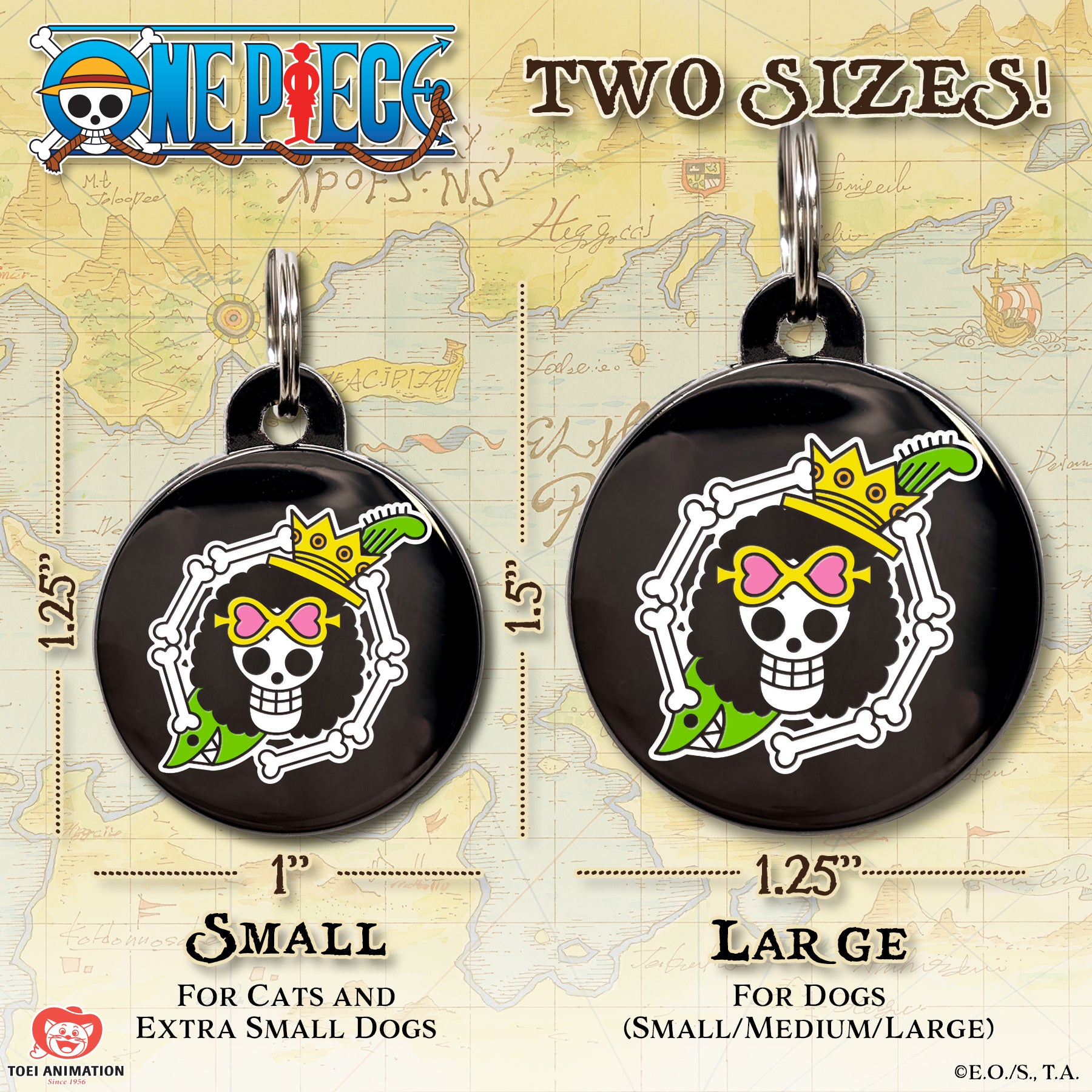 Size comparison chart for the Brook Pet Tag, showing both available sizes side by side with measurements for reference.