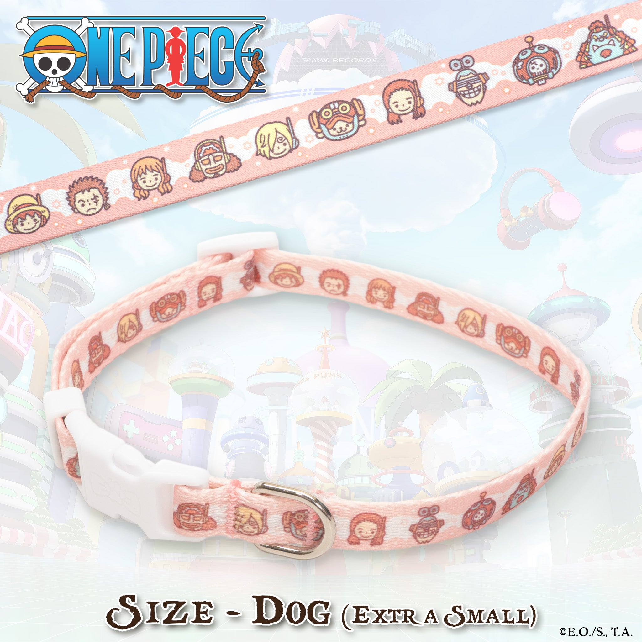 Extra small Egghead-themed One Piece dog collar, highlighting its detailed design and buckle. #size_Dog: (XS) 8-12"