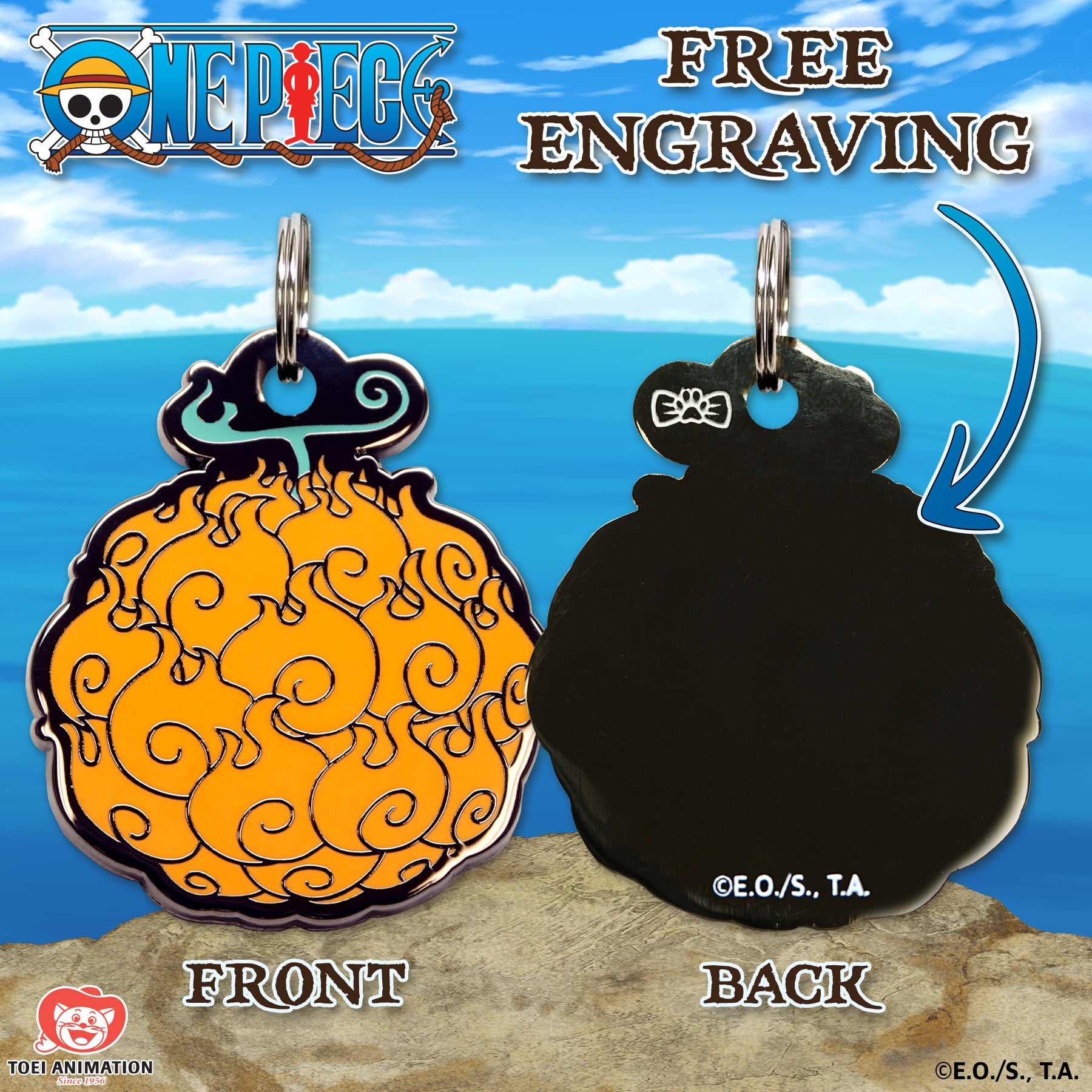 Engraving preview of the Flame-Flame Fruit Pet Tag inspired by One Piece, showcasing the front design and the customizable text preview on the back.