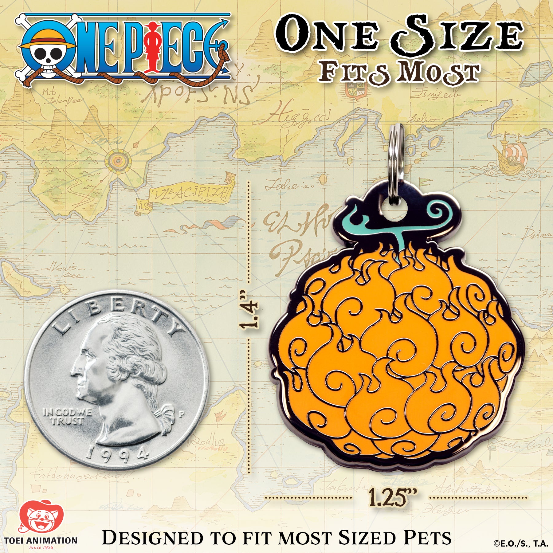 Size comparison of the Flame-Flame Fruit Pet Tag, displayed alongside a quarter to illustrate scale.