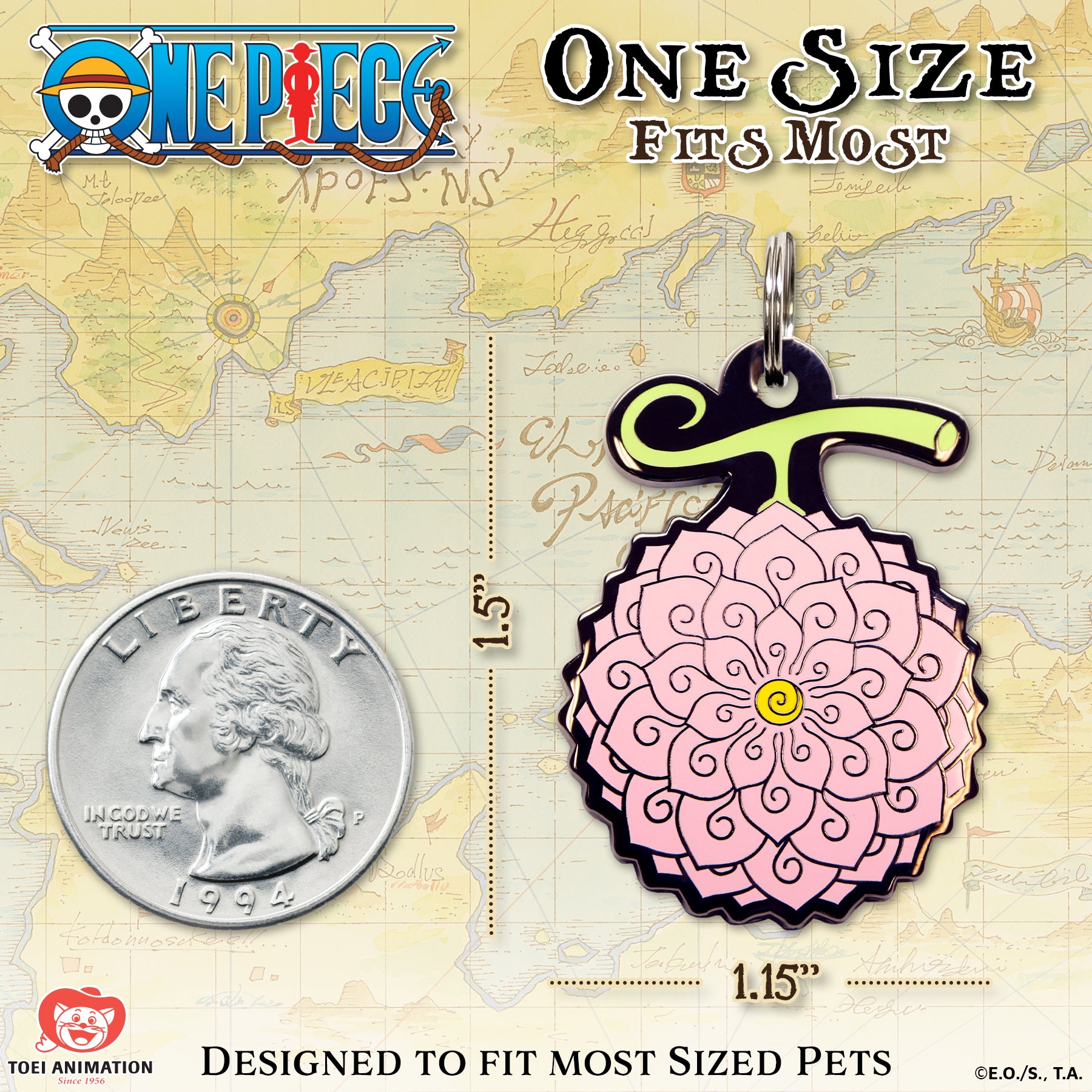 Size comparison of the Flower-Flower Fruit Pet Tag, displayed alongside a quarter to illustrate scale.