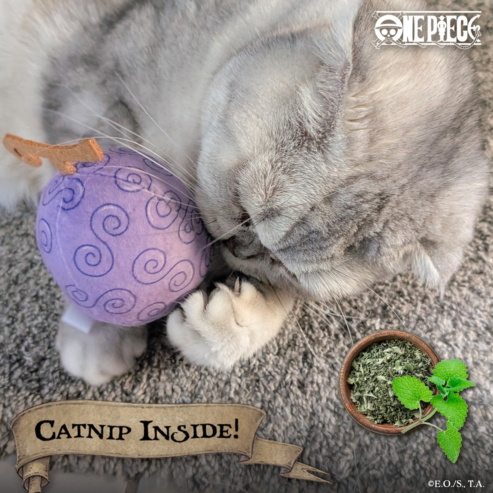 Plush Gum-Gum Fruit cat toy inspired by One Piece, featuring purple detailing with crinkle fabric and infused catnip for playful cats.