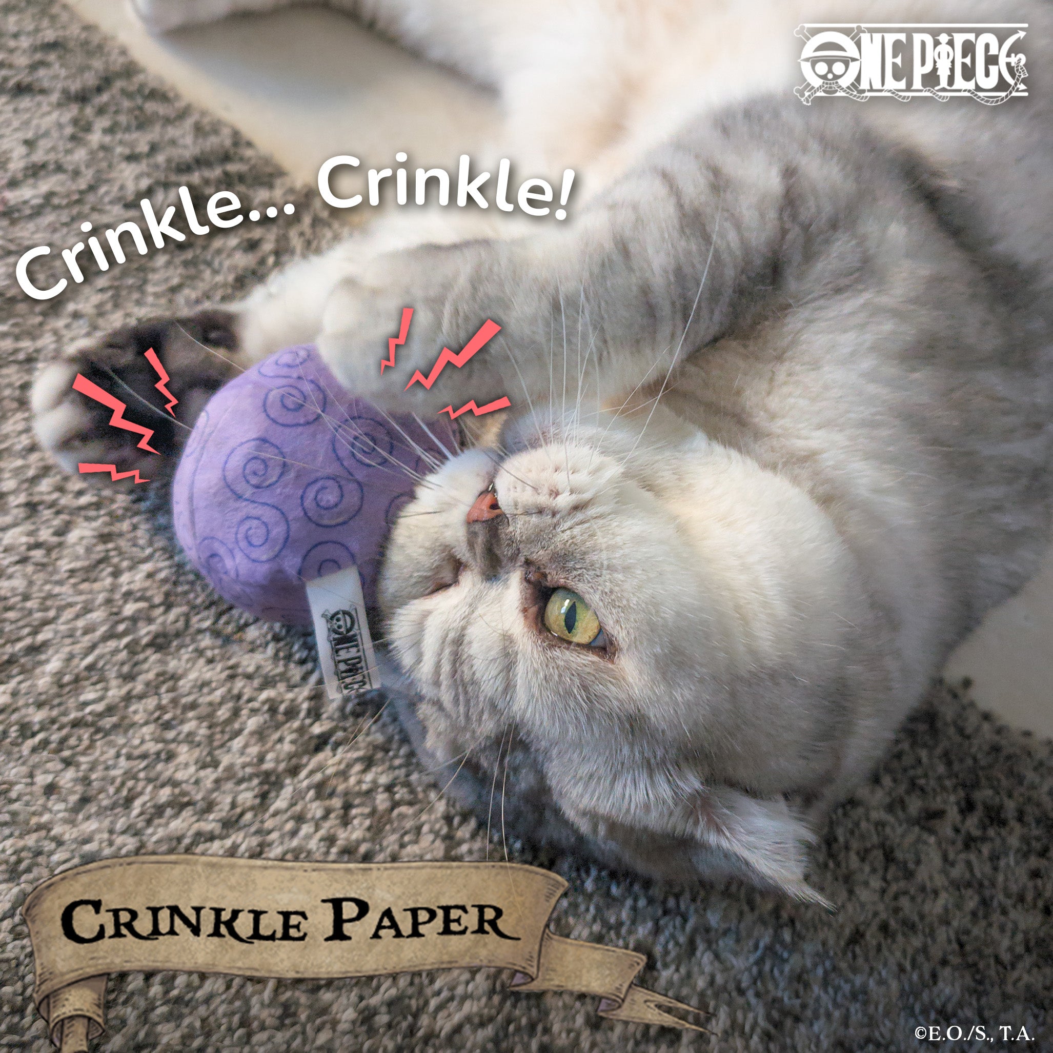 One Piece Gum-Gum Fruit cat toy with purple swirls, featuring crinkle material for added sound and texture during play.