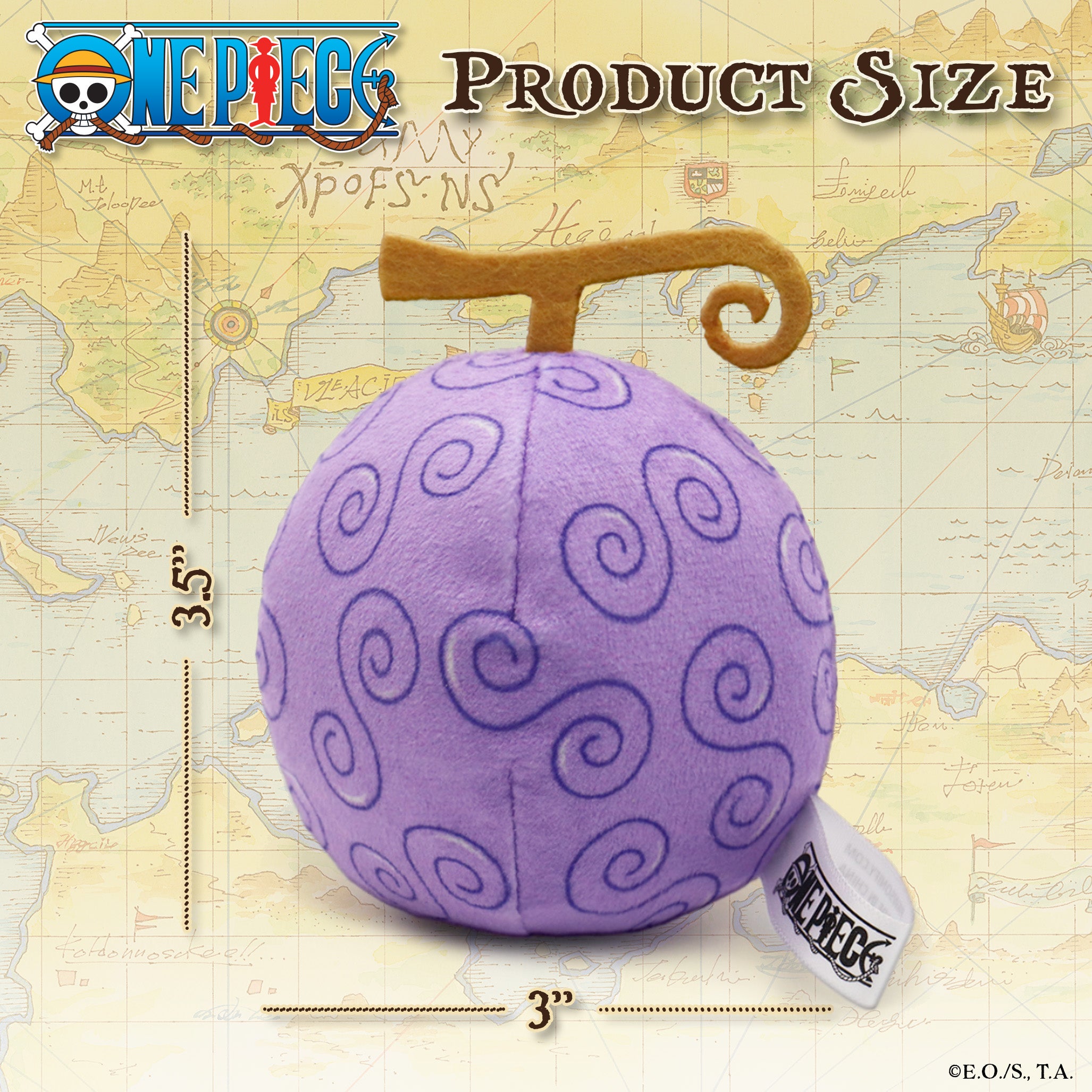 Plush One Piece Gum-Gum Fruit cat toy modeled after Luffy’s Devil Fruit, with a round purple body, dark purple swirl patterns, and a brown spiral stem. Measures approximately 3.5 inches tall and 3 inches wide—perfect for playful cats to swat or carry.