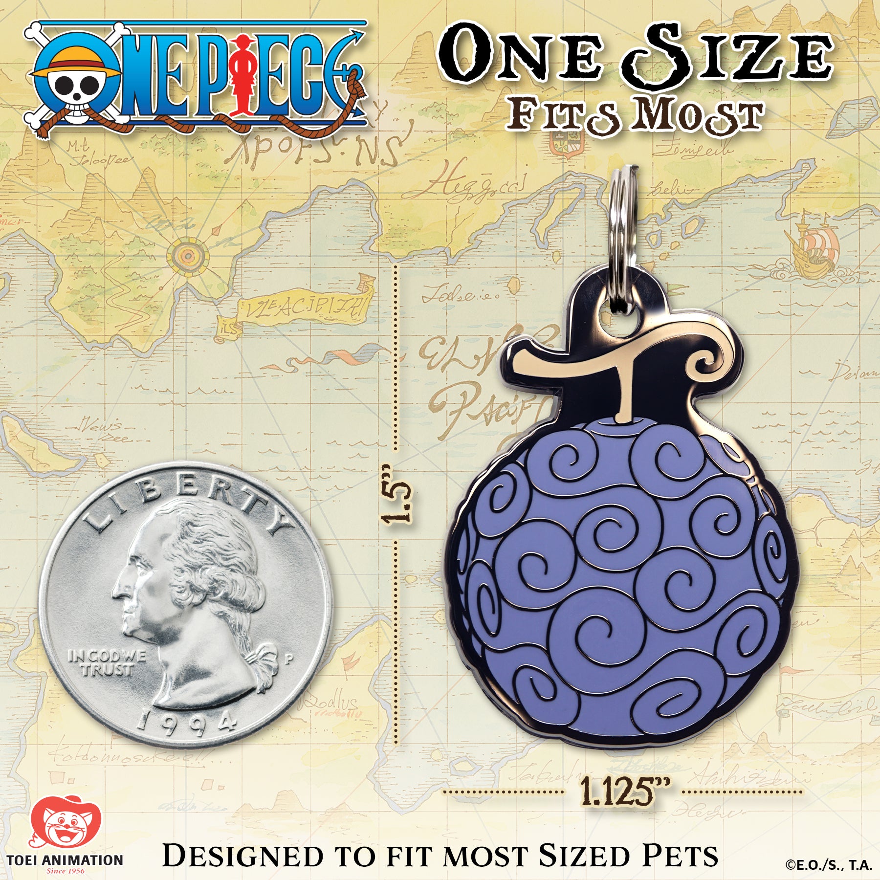 Size comparison of the Gum-Gum Fruit Pet Tag, displayed alongside a quarter to illustrate scale.