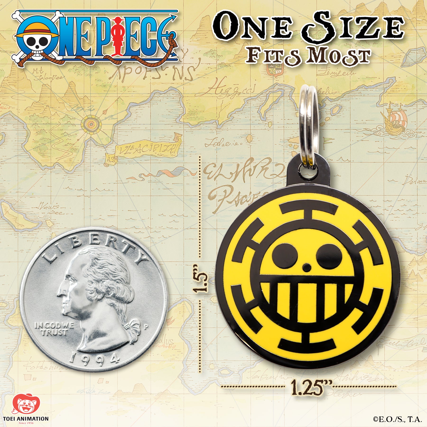 Size comparison of the Heart Pirates Pet Tag, displayed alongside a quarter to illustrate scale.