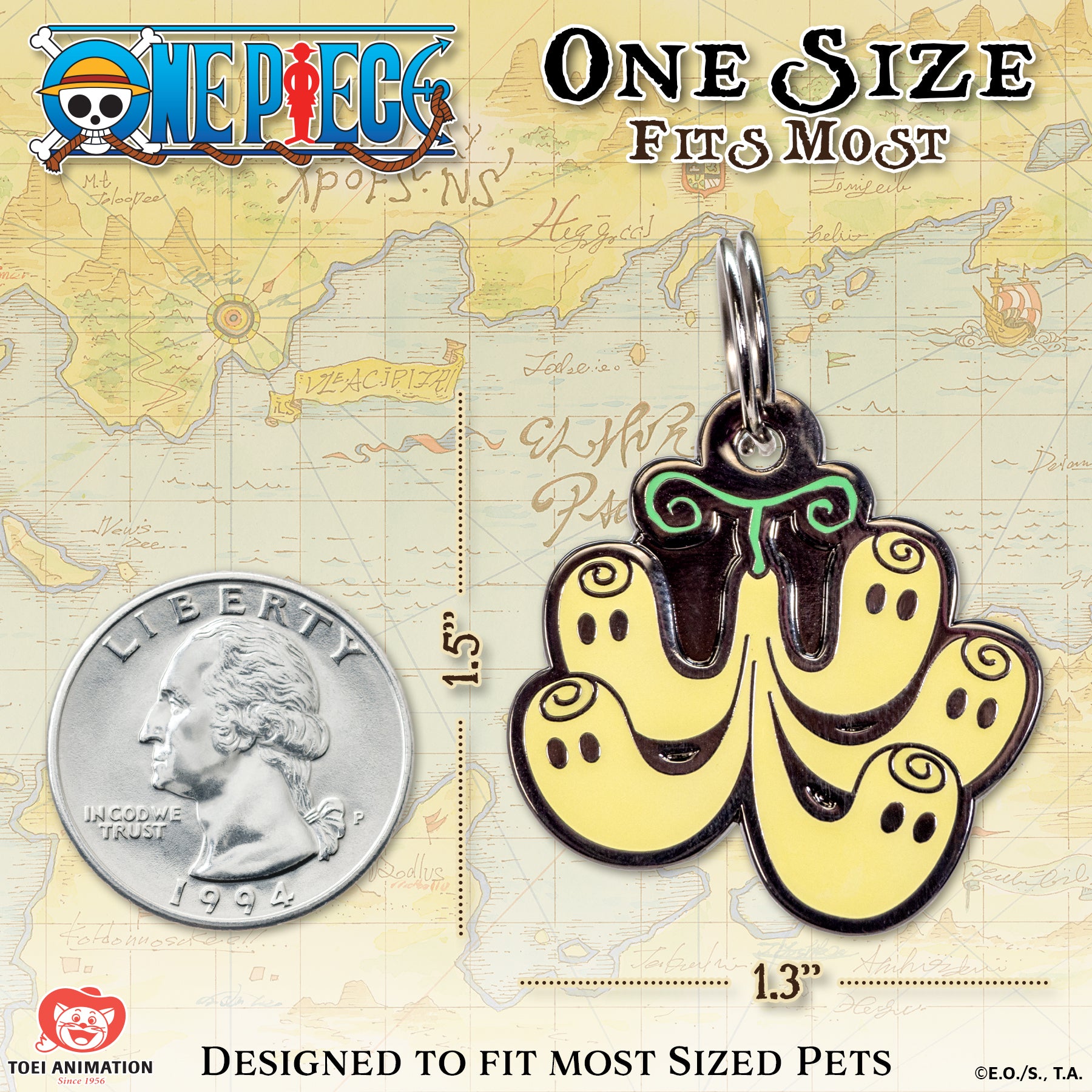 Size comparison of the Hollow-Hollow Fruit Pet Tag, displayed alongside a quarter to illustrate scale.
