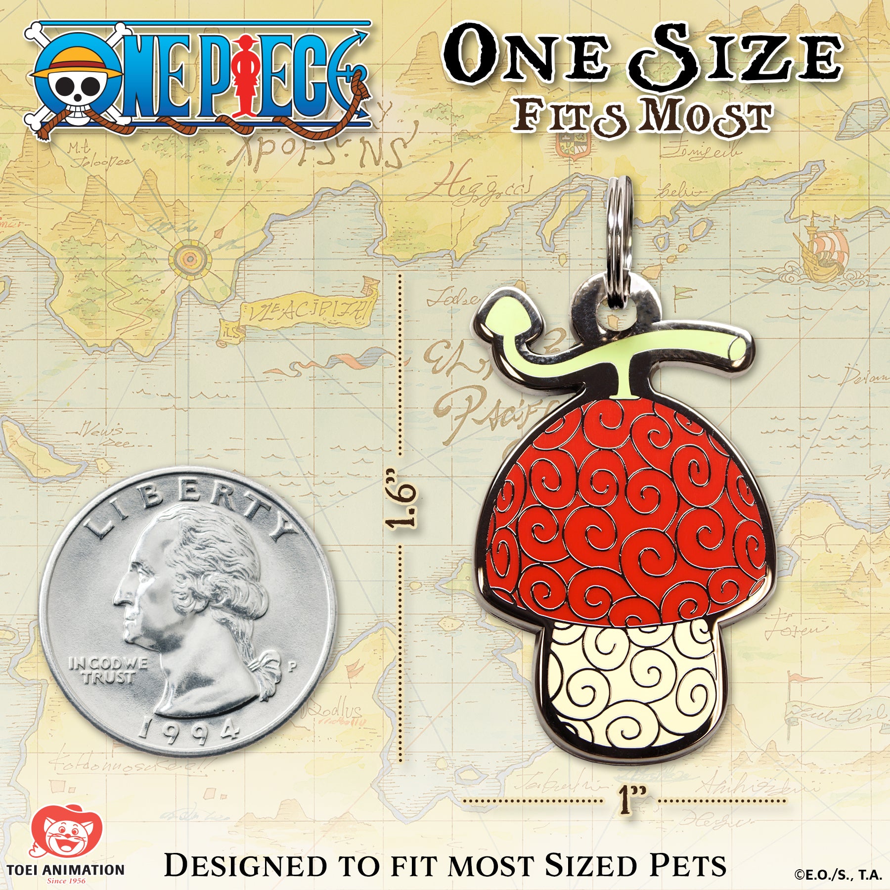 Size comparison of the Human-Human Fruit Pet Tag, displayed alongside a quarter to illustrate scale.