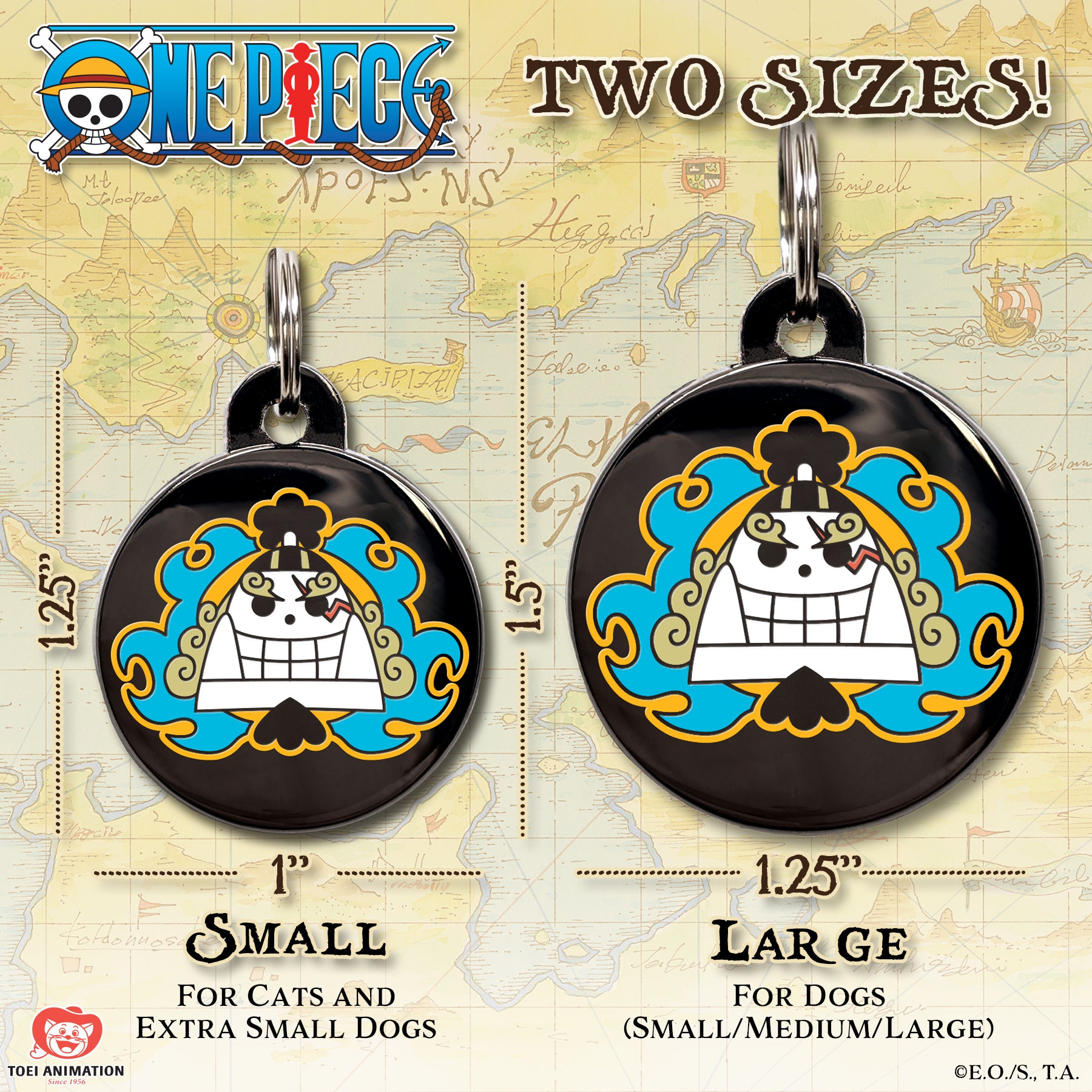 Size comparison chart for the Jinbe Pet Tag, showing both available sizes side by side with measurements for reference.