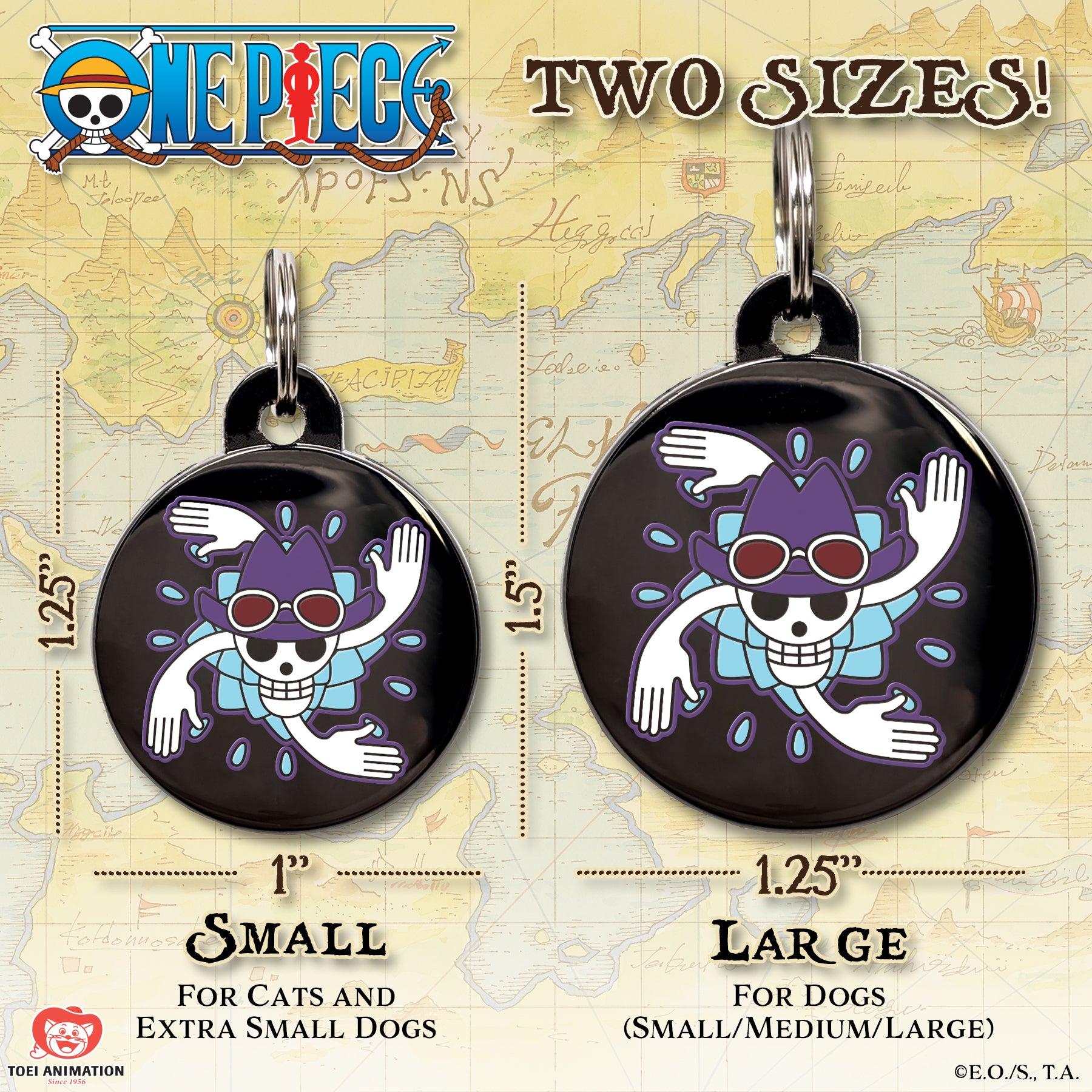 Size comparison chart for the Nico Robin Pet Tag, showing both available sizes side by side with measurements for reference.