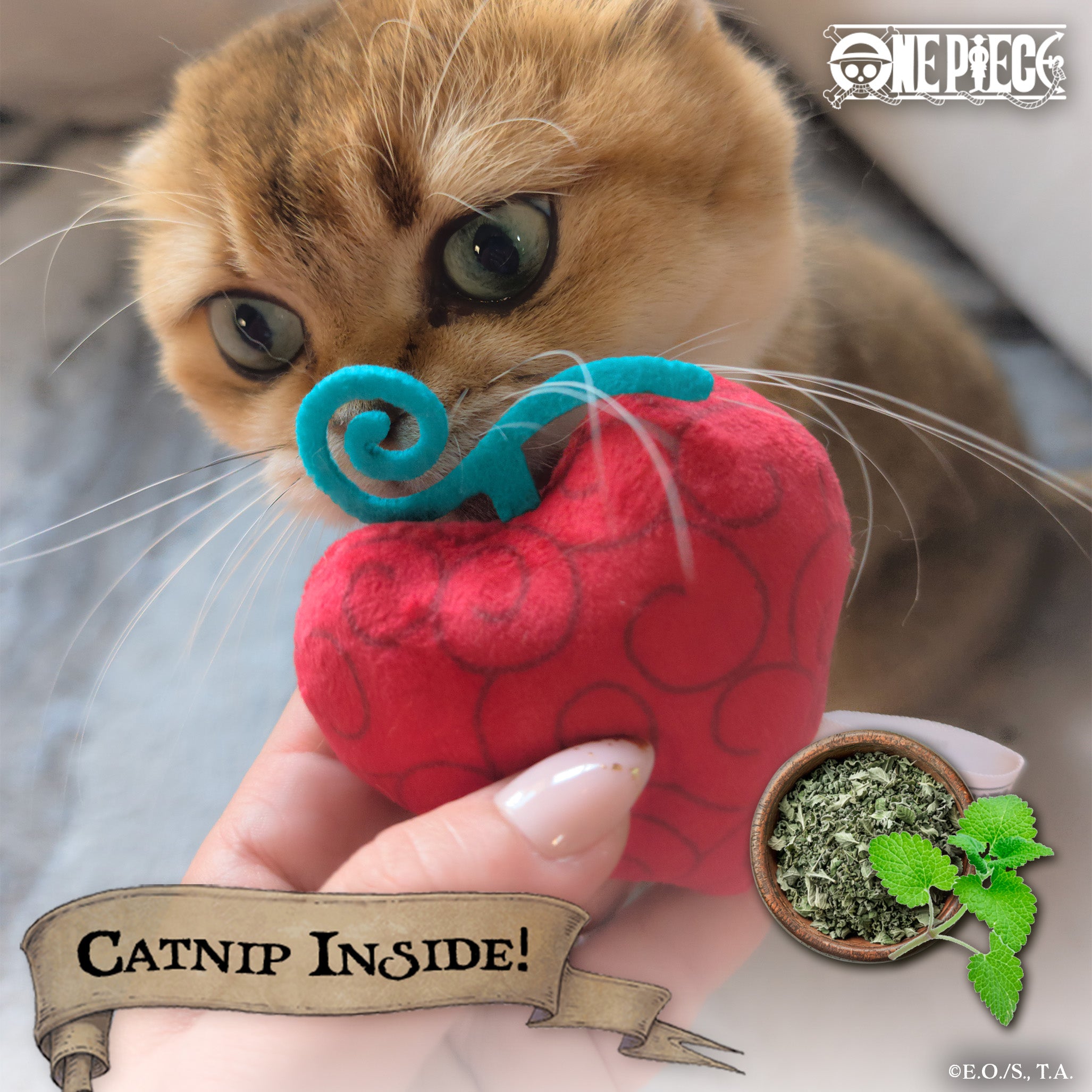 One Piece Op-Op Fruit cat toy featuring red heart shape, infused with catnip to keep cats engaged and playful.