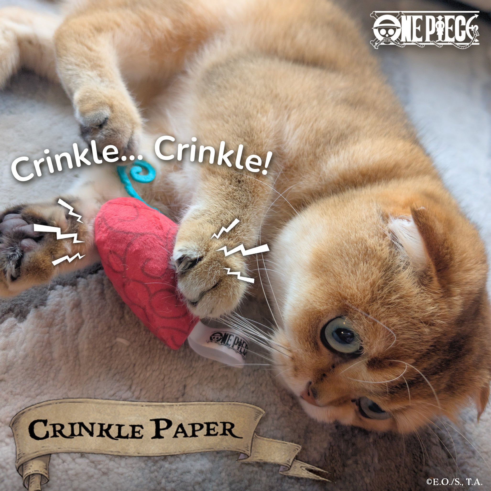 Op-Op Fruit cat toy with red heart-shaped design, featuring crinkle material and soft plush texture for playful cats.