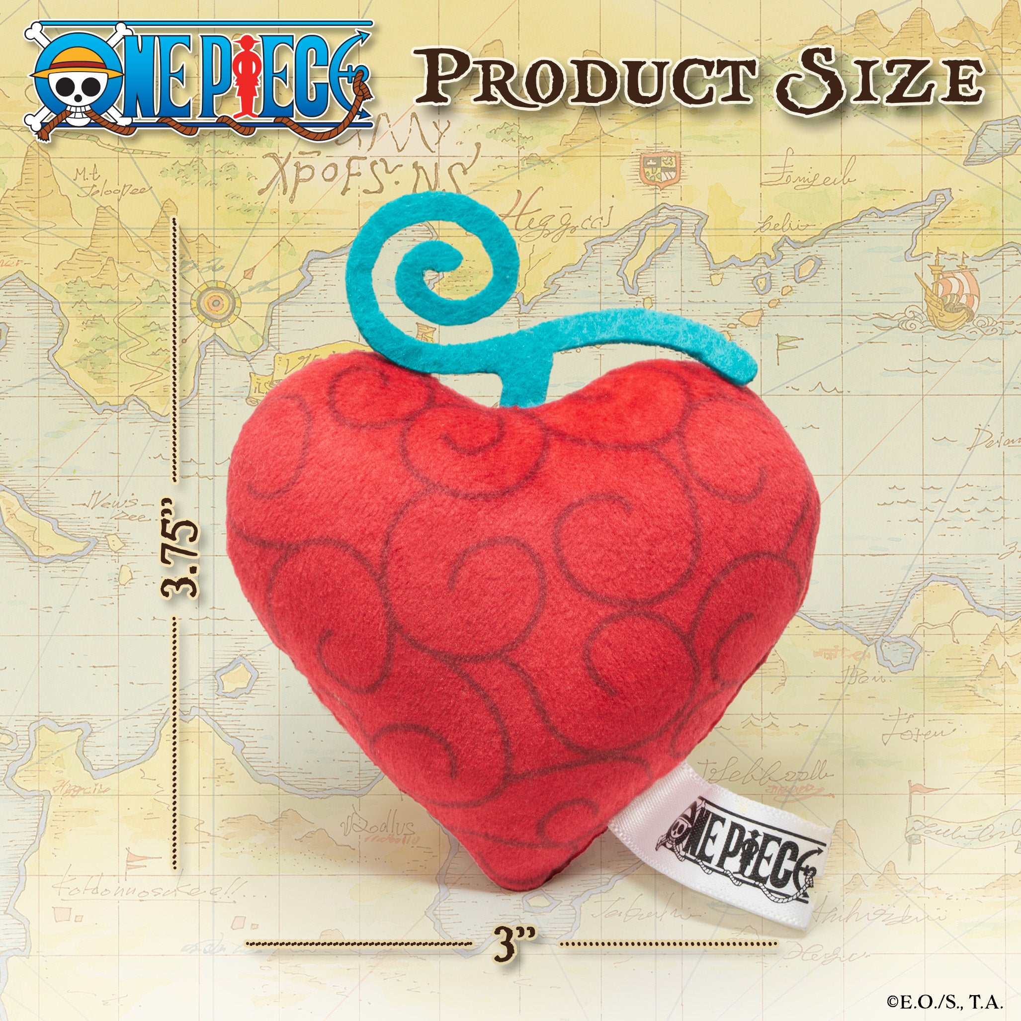 Plush One Piece Op-Op Fruit cat toy shaped like Trafalgar Law’s Devil Fruit, featuring a red heart-like design with dark swirl patterns and a teal felt stem. Measures approximately 3.75 inches tall and 3 inches wide—ideal size for cats to bat around or cuddle.