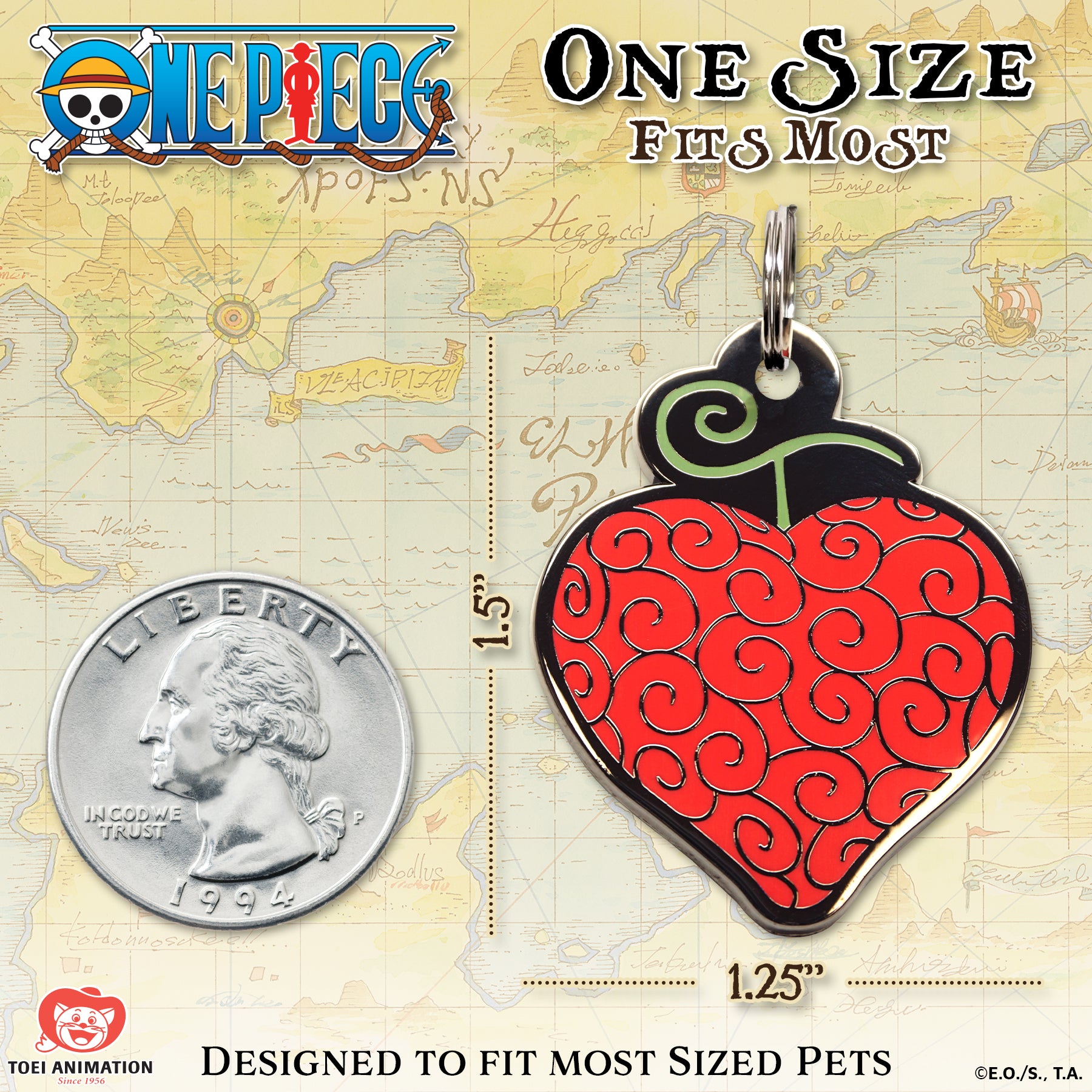 Size comparison of the Op-Op Fruit Pet Tag, displayed alongside a quarter to illustrate scale.