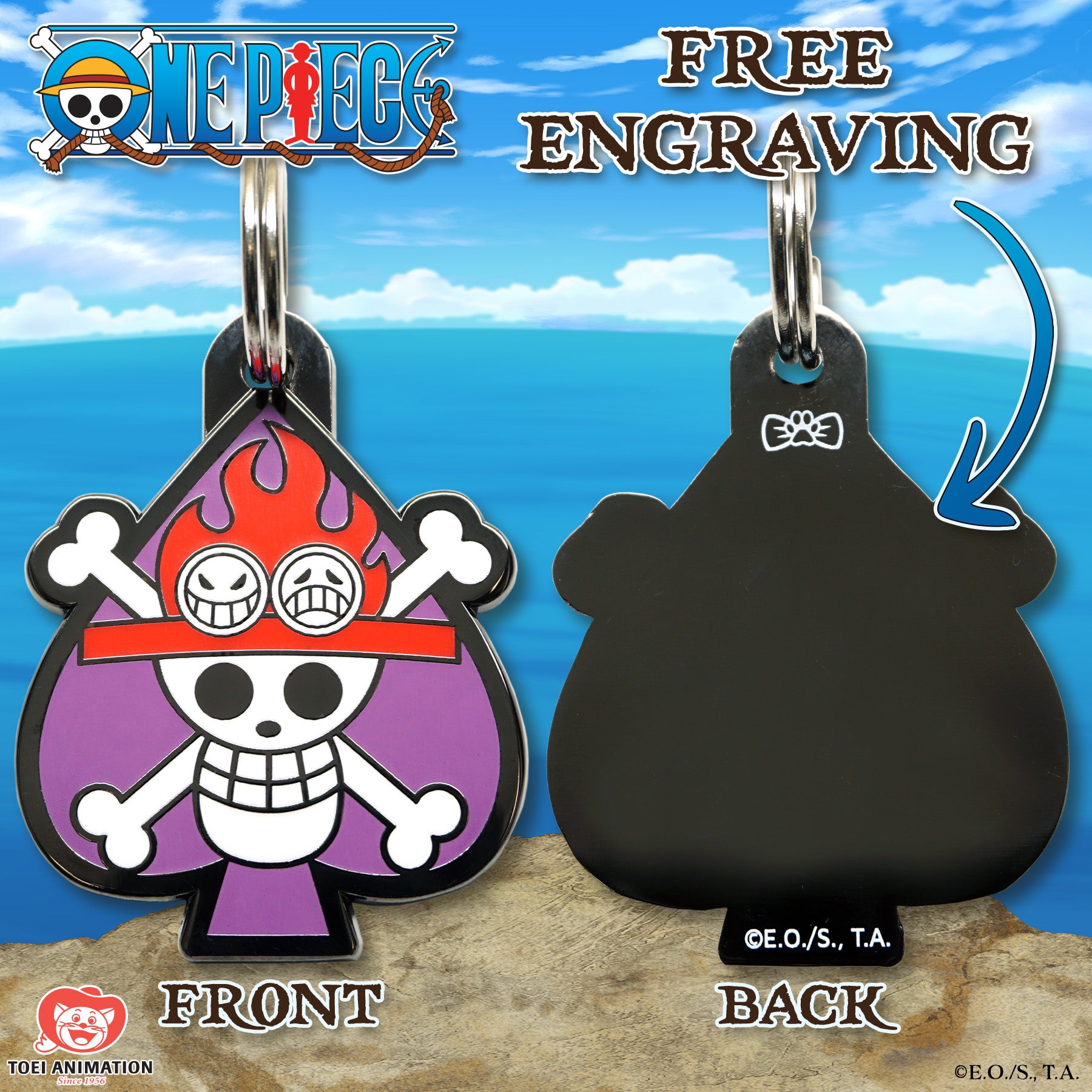 Engraving preview of the Portgas D. Ace Pet Tag inspired by One Piece, showcasing the front design and the customizable text preview on the back.
