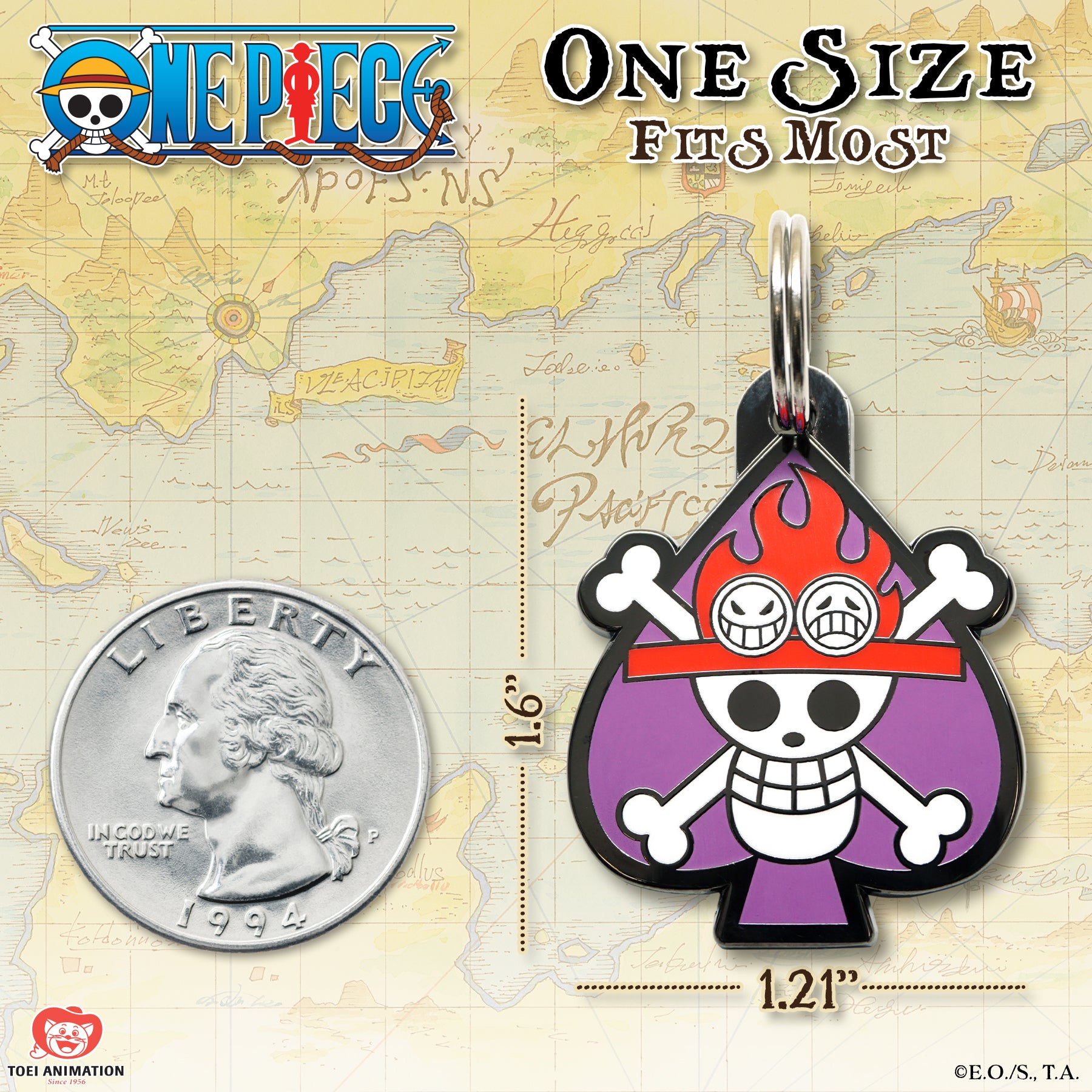 Size comparison of the Portgas D. Ace Pet Tag, displayed alongside a quarter to illustrate scale.