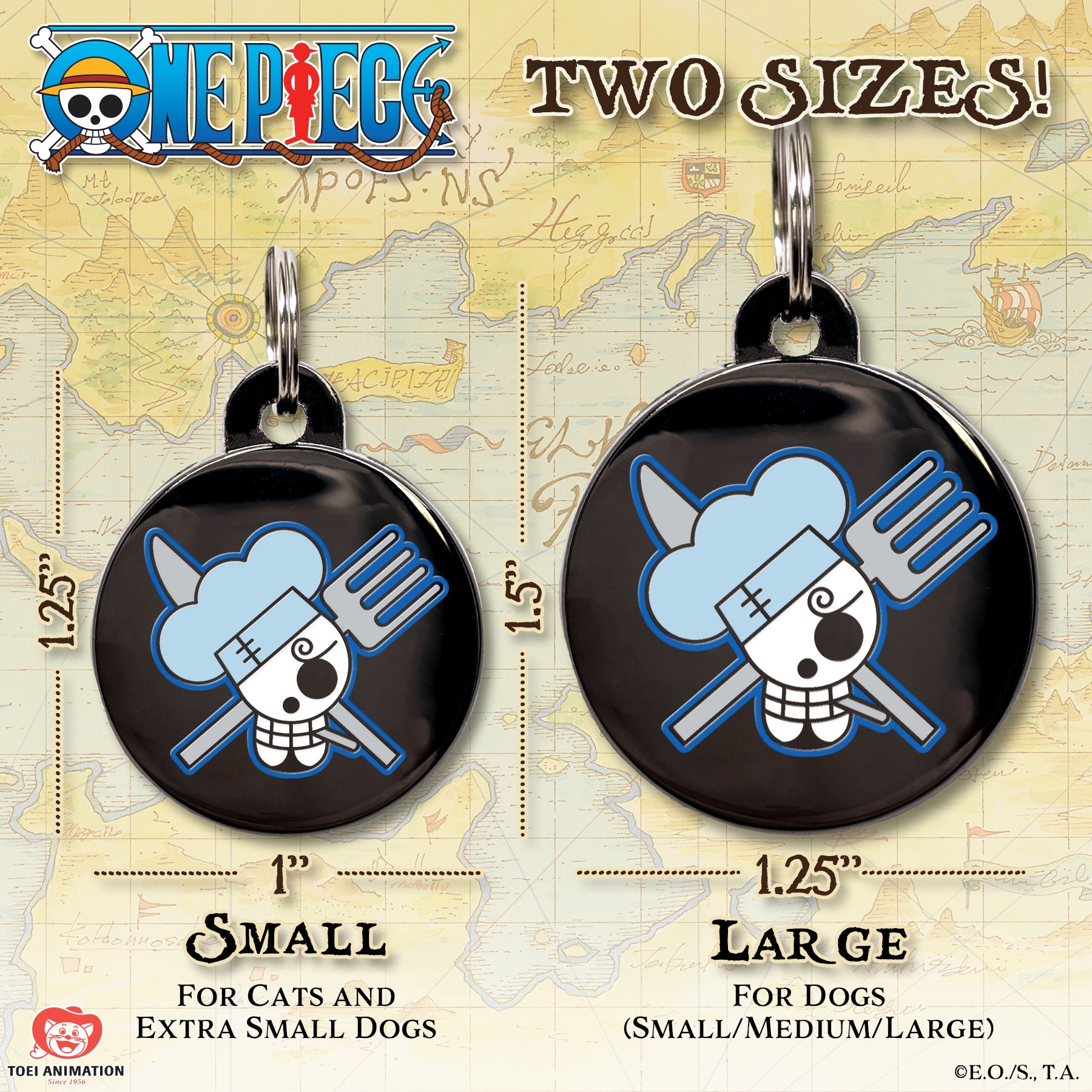 Size comparison chart for the Sanji Pet Tag, showing both available sizes side by side with measurements for reference.