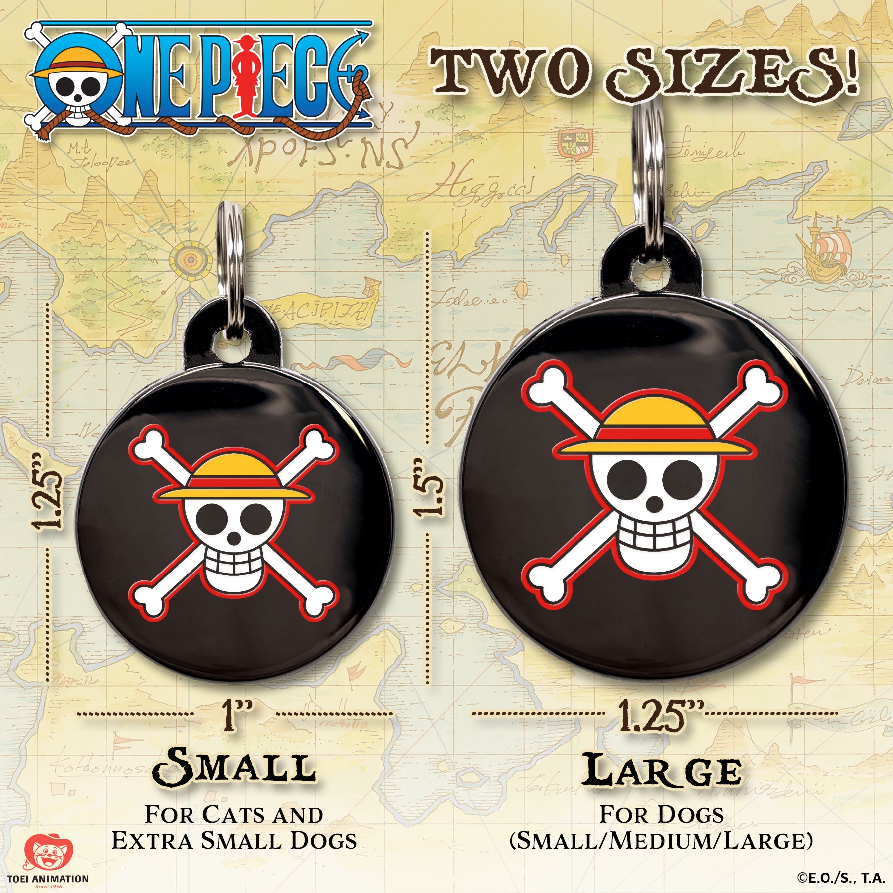Size comparison chart for the Straw Hat Pirate's Jolly Roger (Luffy) Pet Tag, showing both available sizes side by side with measurements for reference.