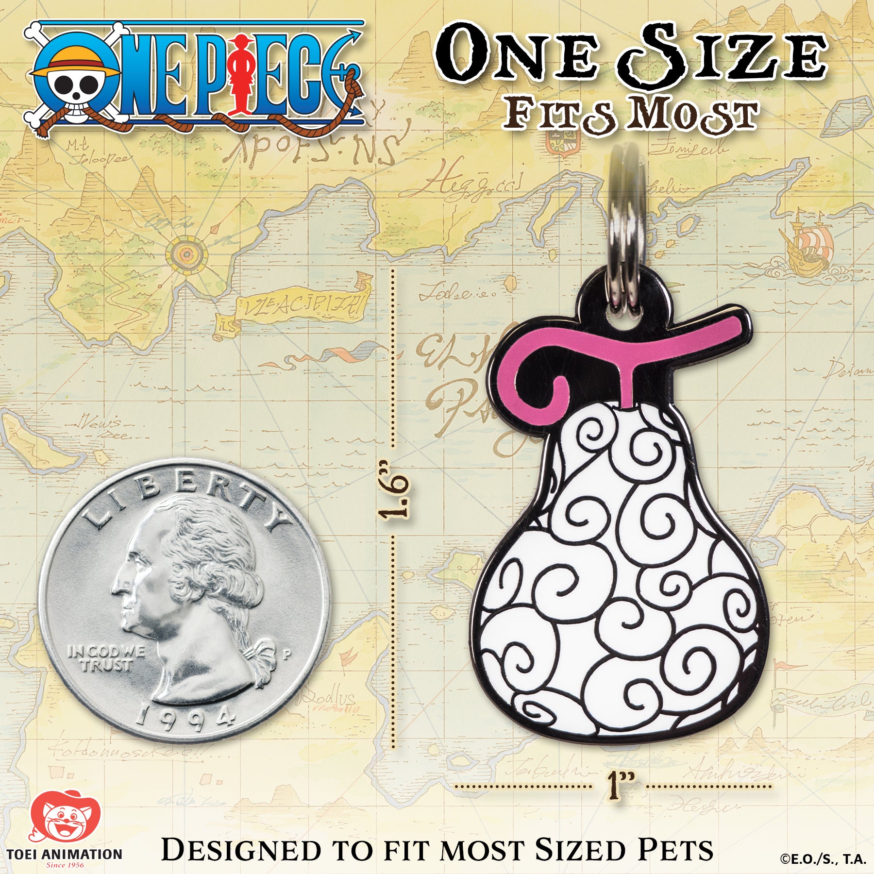 Size comparison of the String-String Fruit Pet Tag, displayed alongside a quarter to illustrate scale.