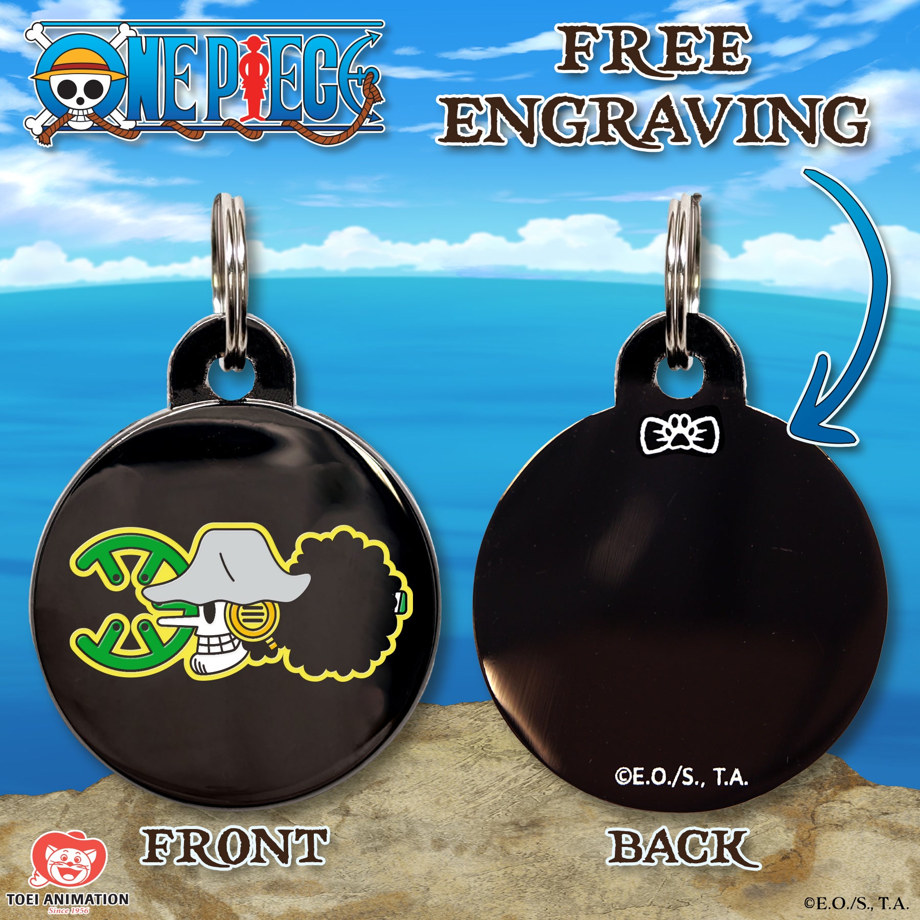 Engraving preview of the Usopp's Pet Tag from One Piece, showcasing the front design and the customizable text preview on the back.