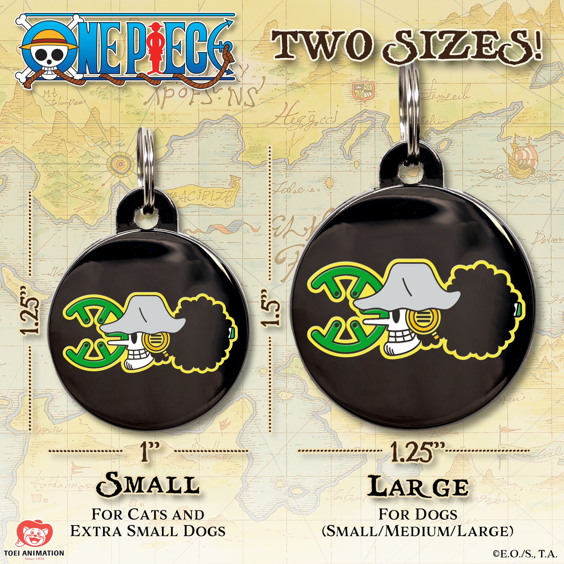 Size comparison chart for the Usopp Pet Tag, showing both available sizes side by side with measurements for reference.