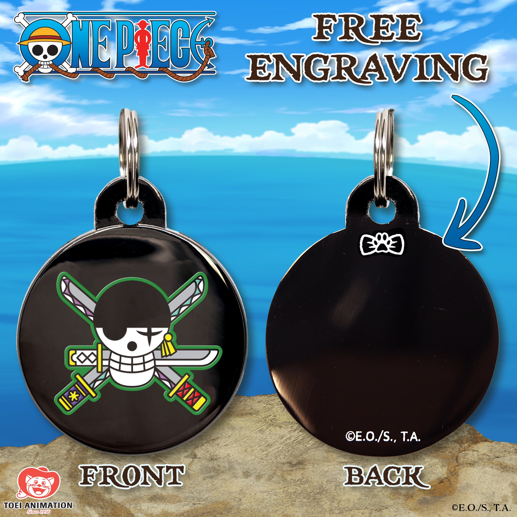 Engraving preview of the Zoro's Pet Tag from One Piece, showcasing the front design and the customizable text preview on the back.