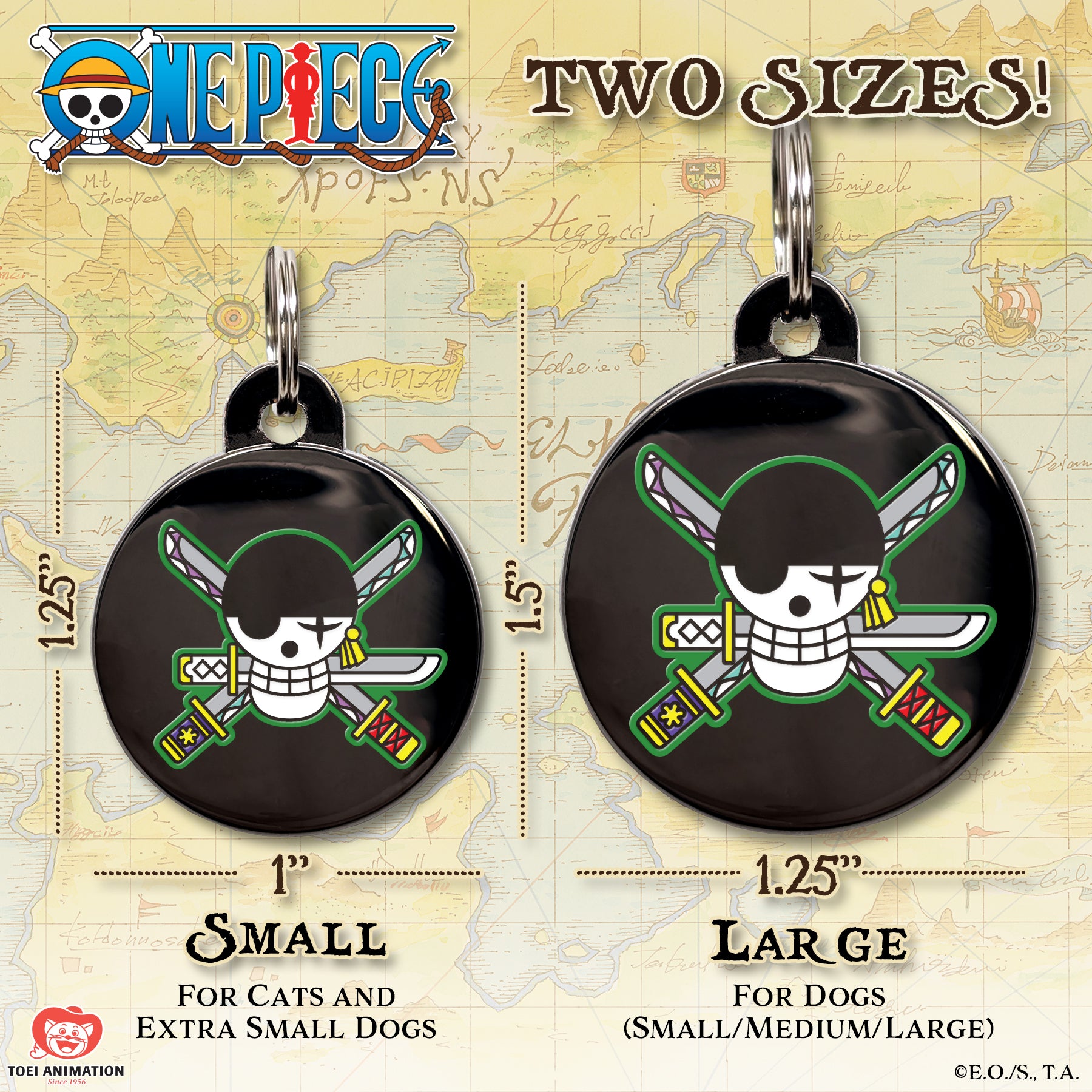 Size comparison chart for the Zoro Pet Tag, showing both available sizes side by side with measurements for reference.