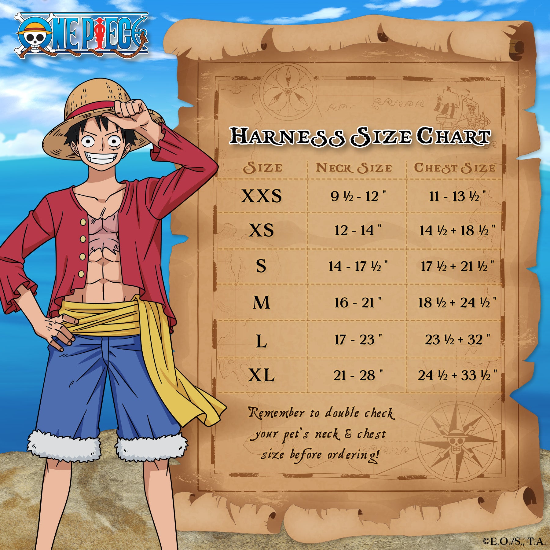 One Piece Pawsonify harness size chart showing neck and chest measurements in inches for six sizes.