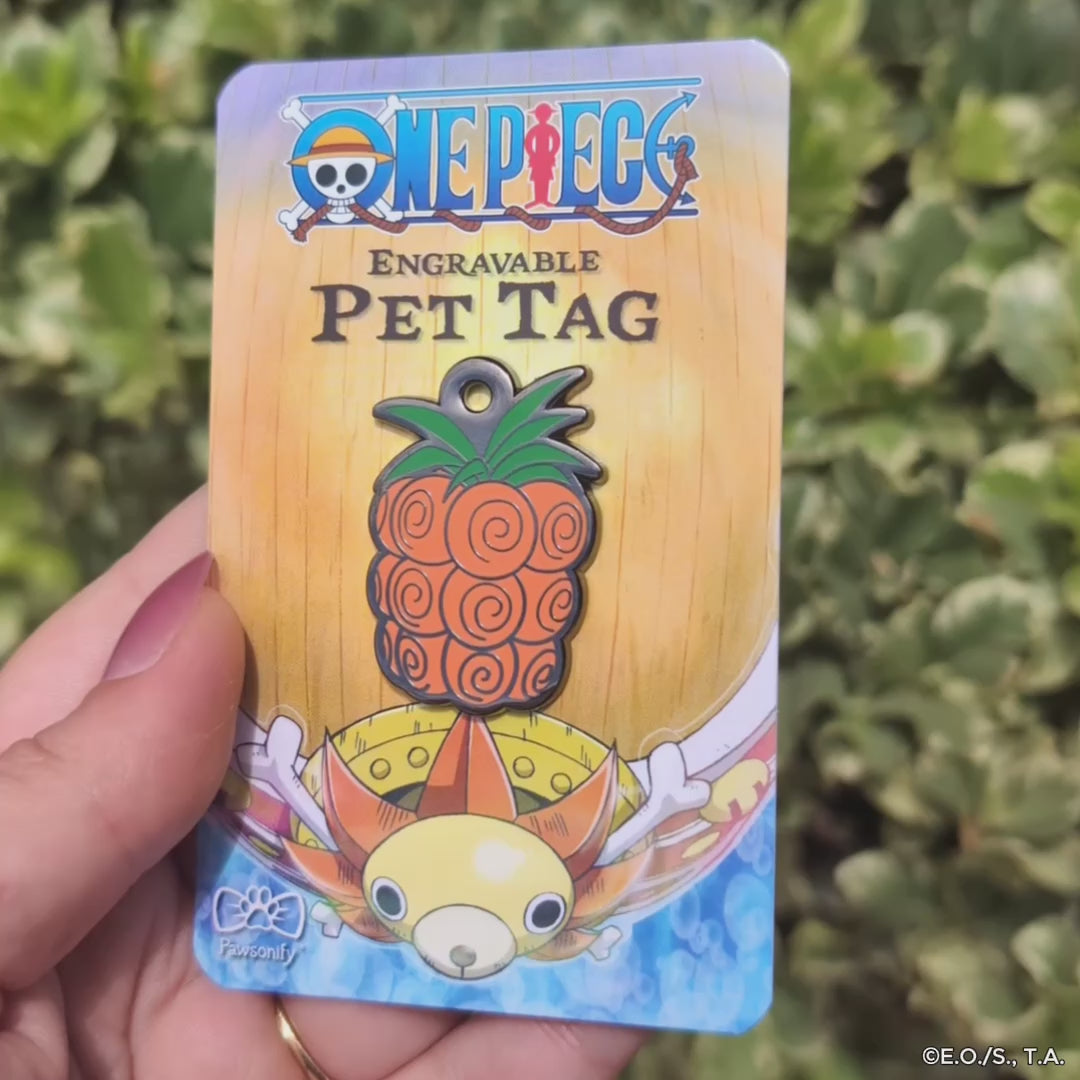 One Piece engravable pet tag featuring the Chop-Chop Fruit design, shaped like a stylized orange pineapple with green leaves, displayed on branded backing with the Thousand Sunny ship in the background.