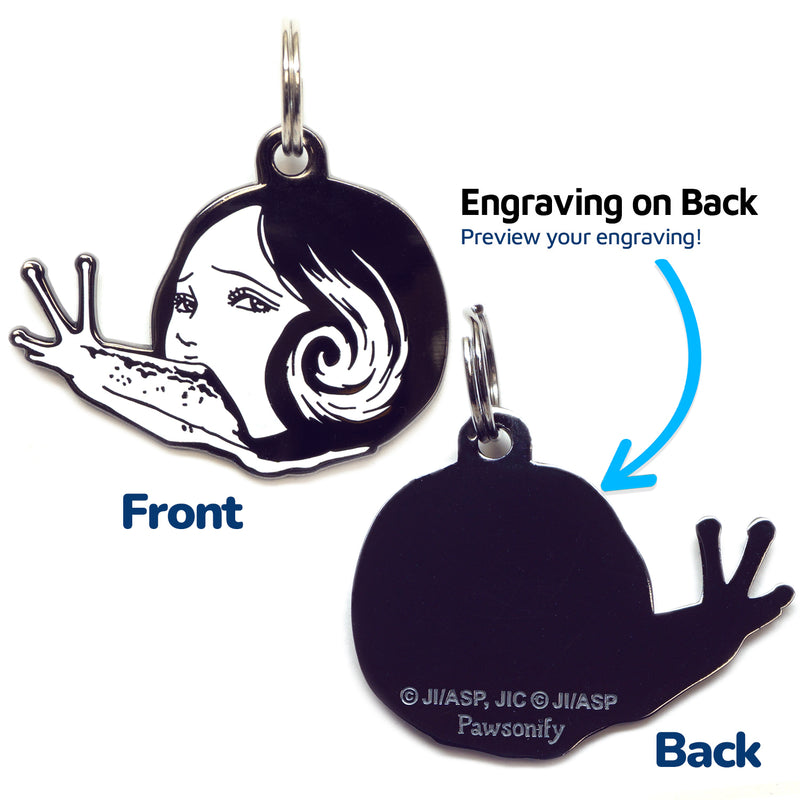 A pet tag featuring Slug Girl, a grotesque character from Junji Ito's manga, with her eerie appearance and slimy body.Junji Ito x Pawsonify - Slug Girl Pet Tag - Free Engraving Included!