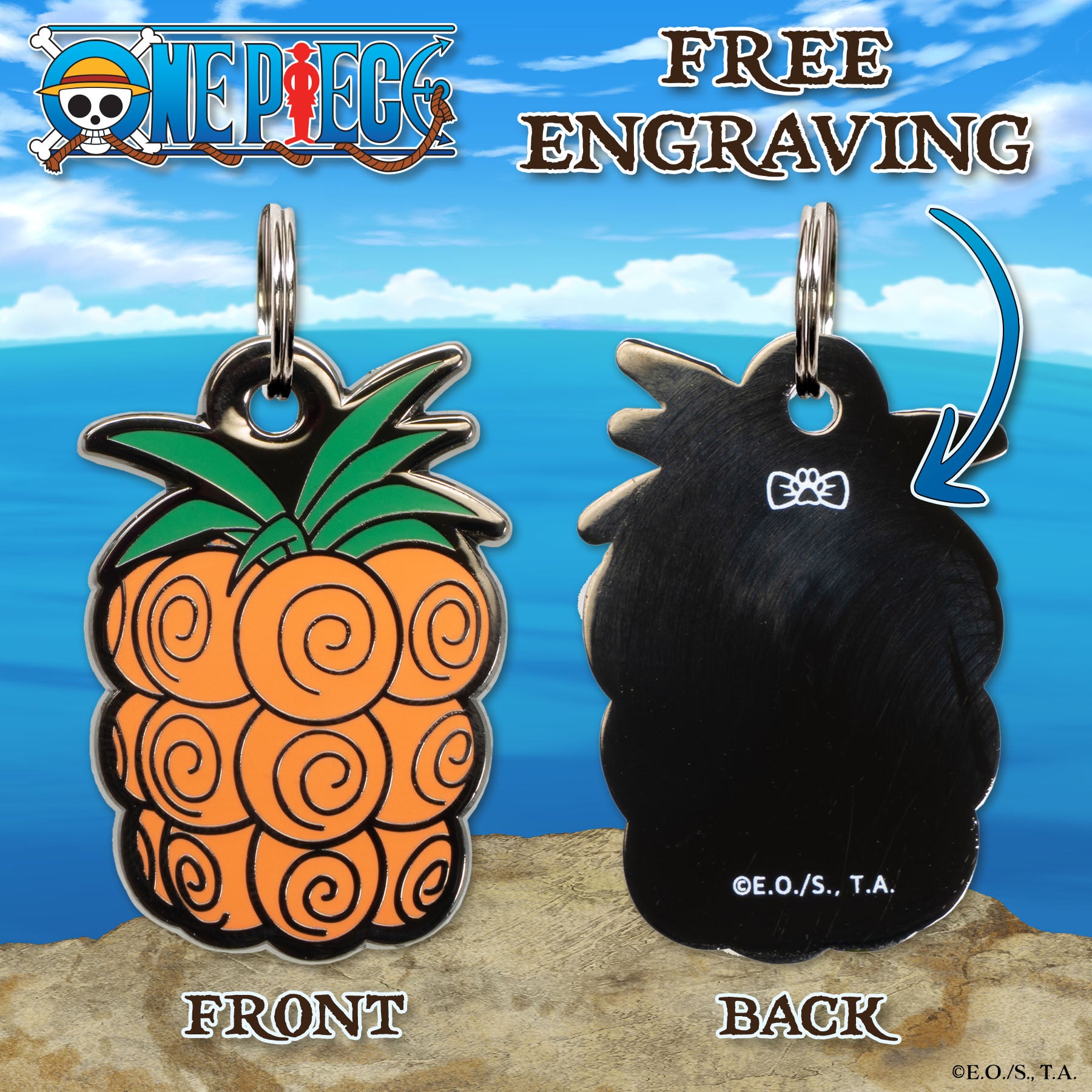 Front and back view of the Chop-Chop Fruit pet tag inspired by Buggy’s Devil Fruit from One Piece, with a pineapple-like design and free engraving note shown on the back, set against an ocean and sky background with the One Piece logo.
