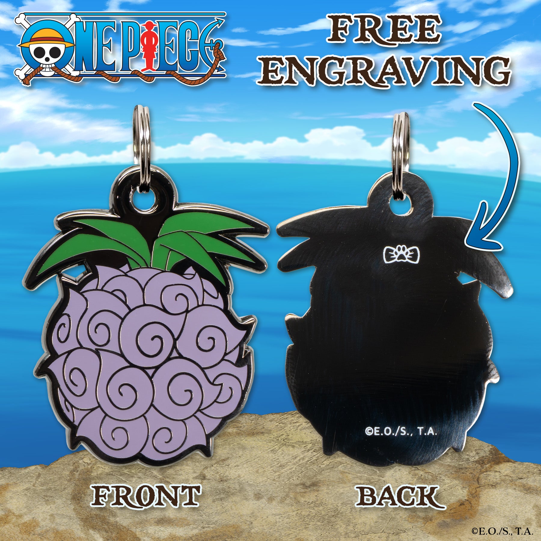 Front and back view of the Dark-Dark Fruit pet tag from One Piece, featuring purple swirl patterns and green leaves on the front, with an engraving area shown on the back. Background includes ocean and sky with the One Piece logo and “Free Engraving” text.
