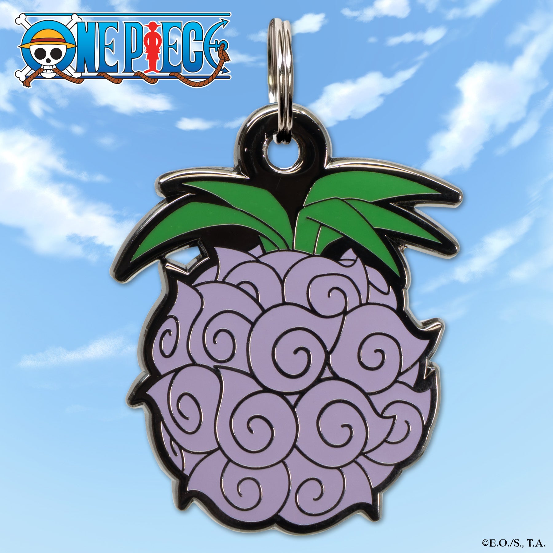 Dark-Dark Fruit pet tag with purple swirls and green leaves from One Piece, shown on a blue sky background.